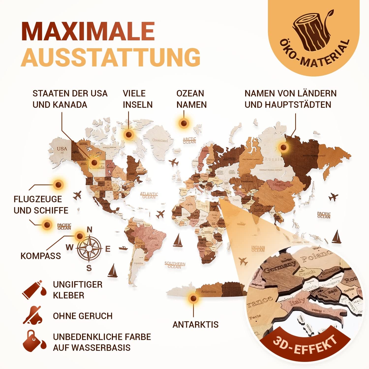 Premium Wanddeko 3D Weltkarte Holz in Deutsch mit Pins | Werkzeuglose Wandmontage | Eine Geschenkidee für jede Gelegenheit | Wand deko Holz für Wohn- und Büro Deko (Holzfarbe, 120x62 cms)