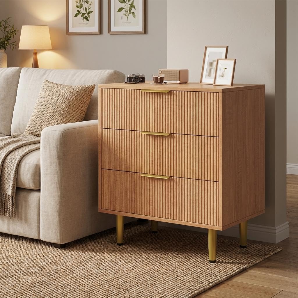 Fluted Chest of Drawers, Wooden 3 Drawer Dresser with Metal Legs, Handles & Glide Runner for Bedroom, Modern Art Deco Furniture, Vintage Wood Tall Bedside Cabinet & Sideboard, 71x43x76cm - Wood