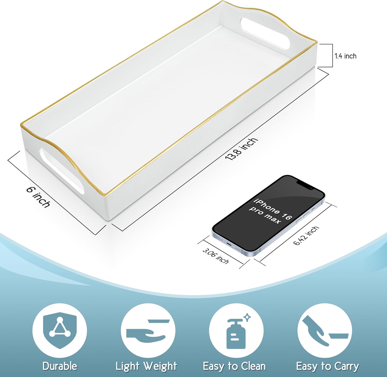 Gifturbo White Bathroom Vanity Tray,Gold Edged Decorative Tray with Handles, Small Rectangular Counter Tray for Perfume, Candle, Jewelry, Cosmetics - Image 2