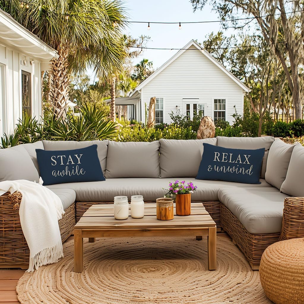 PANDICORN Decorative Throw Pillow Covers 12x20 Inch Set of 2 Stay Awhile Relax & Unwind Blue Outdoor Farmhouse Porch Patio Decorations Cozy Lumbar Cushion Cases for Home Living Room Sofa Couch Decor - Image 6