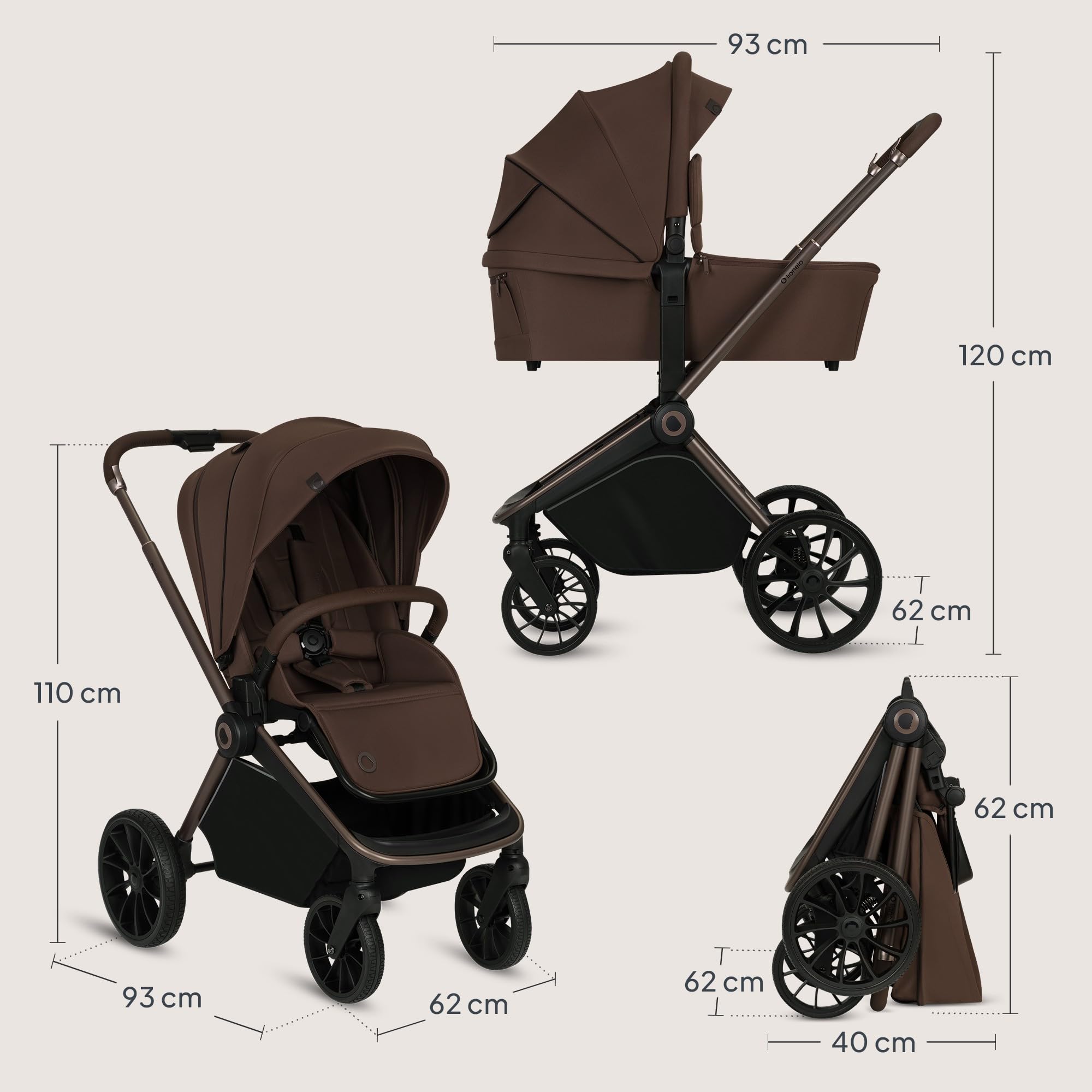 LIONELO MIKA PLUS 3 en 1 Poussette 0-48 mois jusqu'à 22 kg Nacelle 9 kg Siège Auto Roues 360° PU Auvent XXL Mocha Mousse