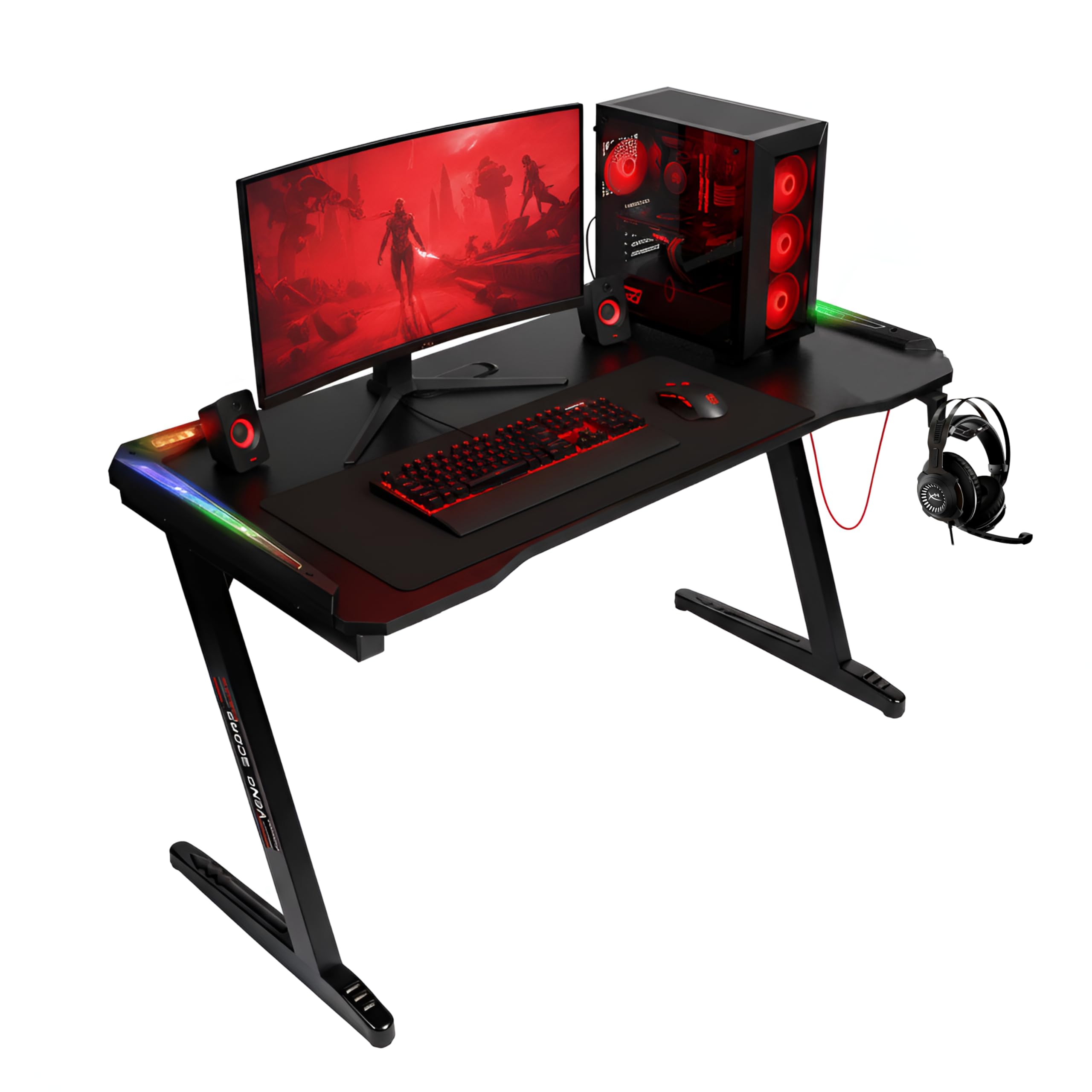 Veno Scorp Gaming Desk with LED Lights, USB, 120 x 60cm RGB Computer Desk Z Shape, Gaming Table for Home Office, Black
