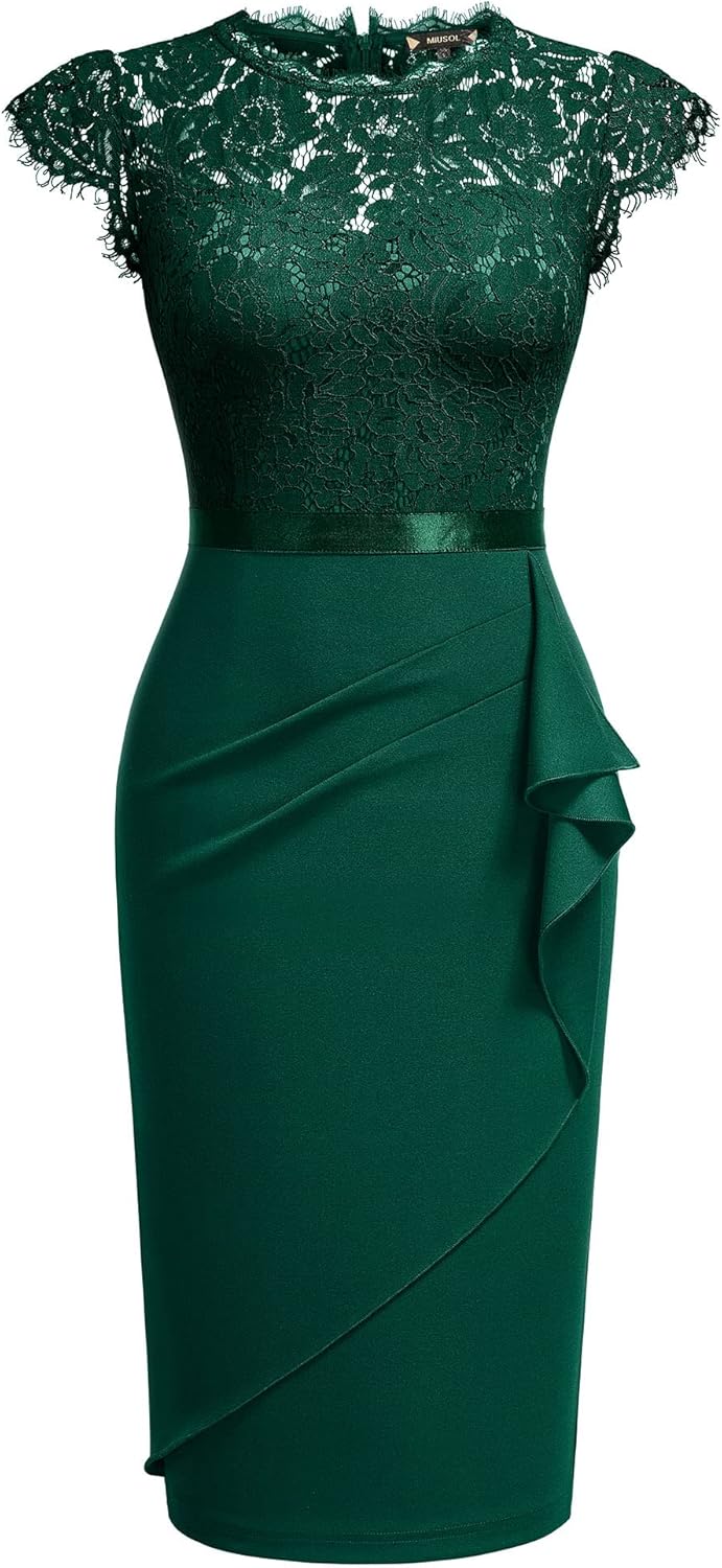 Miusol Women's Elegant Floral Lace Ruffle Design Cap Sleeve Cocktail Party Dress - Image 5