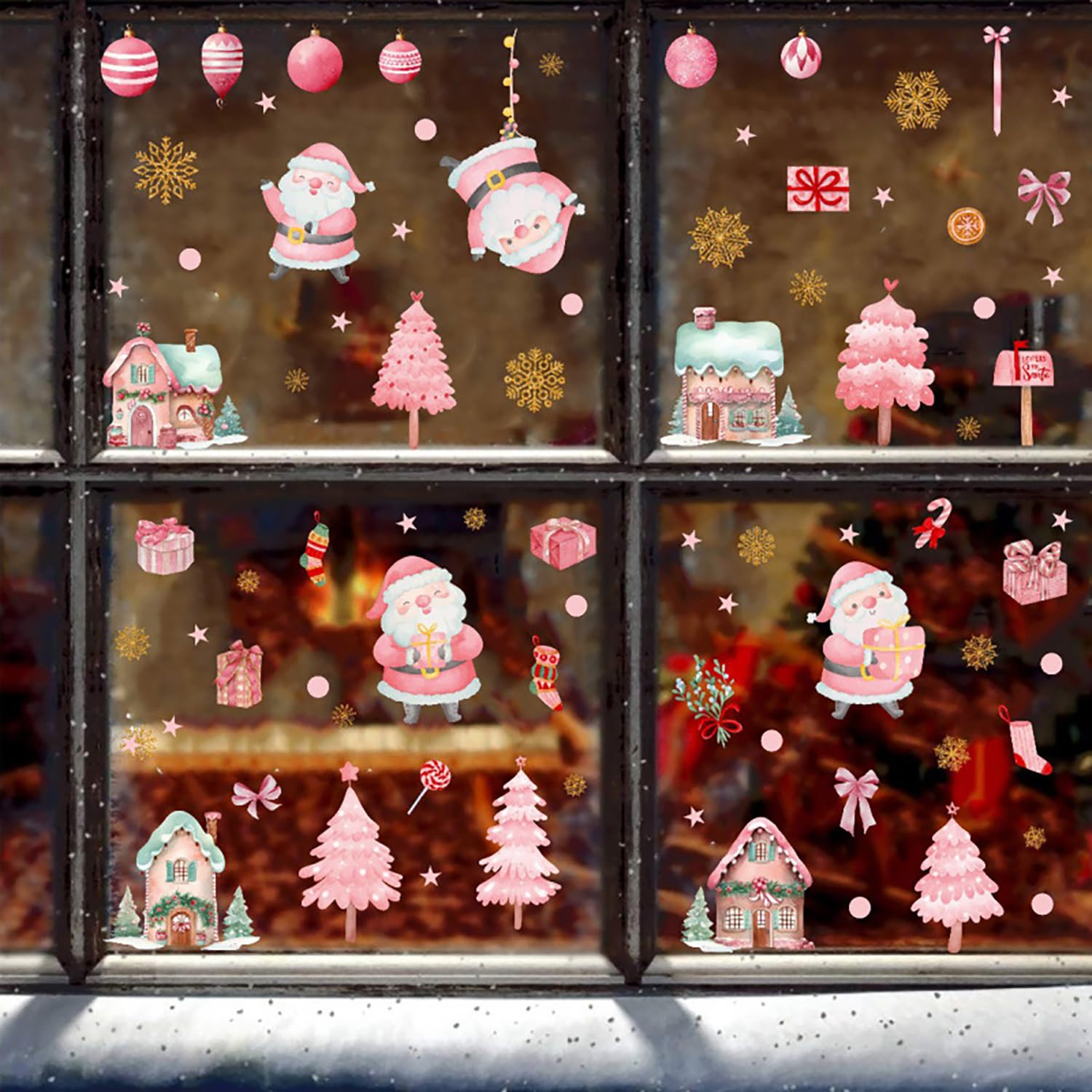 6Sheets Pink Christmas Window Clings - Cute Santa Claus Stickers, Double-Sided Xmas Gift Tree Bell Snowflakes Decor for Office Party Home Winter