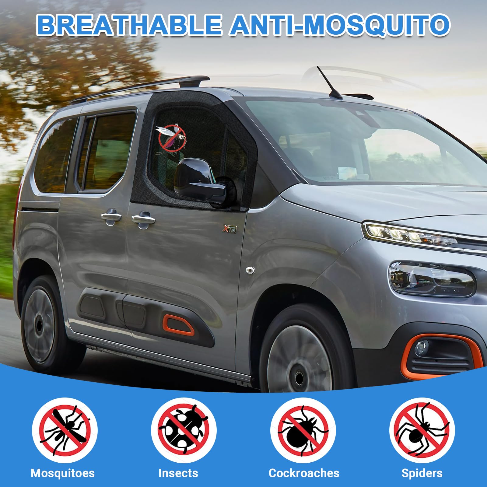 Mosquitera para Ventanas Laterales de Coche para Citroen Berlingo Peugeot Partner 1996-2026, Parasol Elástico para Ventanas Laterales de Automóviles con Protección UV y Privacidad