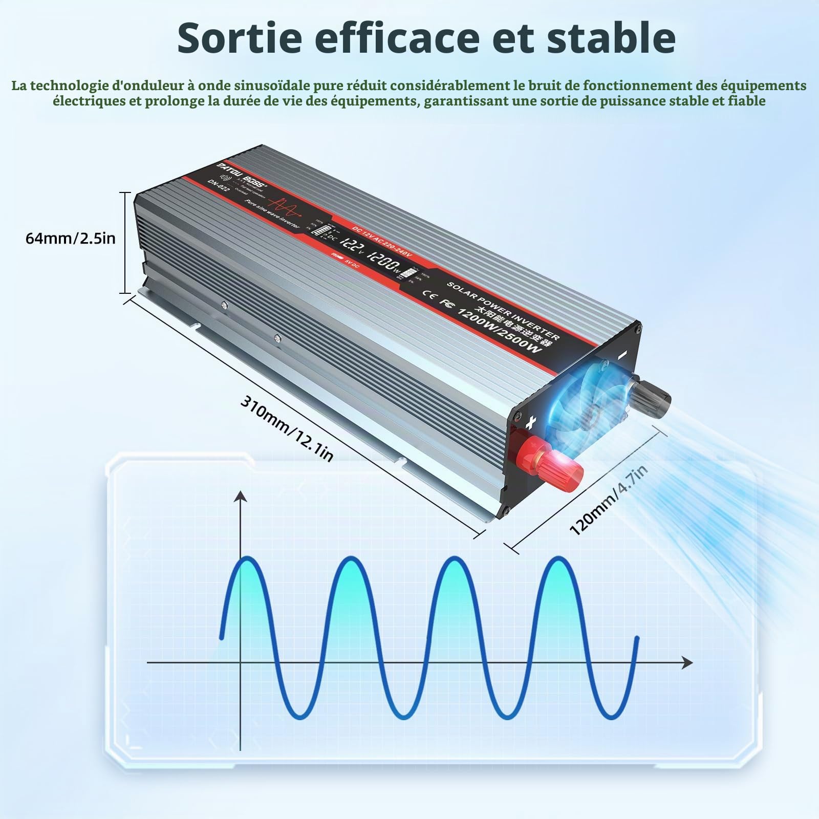 DATOUBOSS Convertisseur 12v 220v Pur Sinus 1800W Onduleur, Transformateur de Tension avec Prise EU de Courant Alternatif, Port USB Et écran LCD, pour Appareils Ménagers Voiture Caravane Camping Voyage