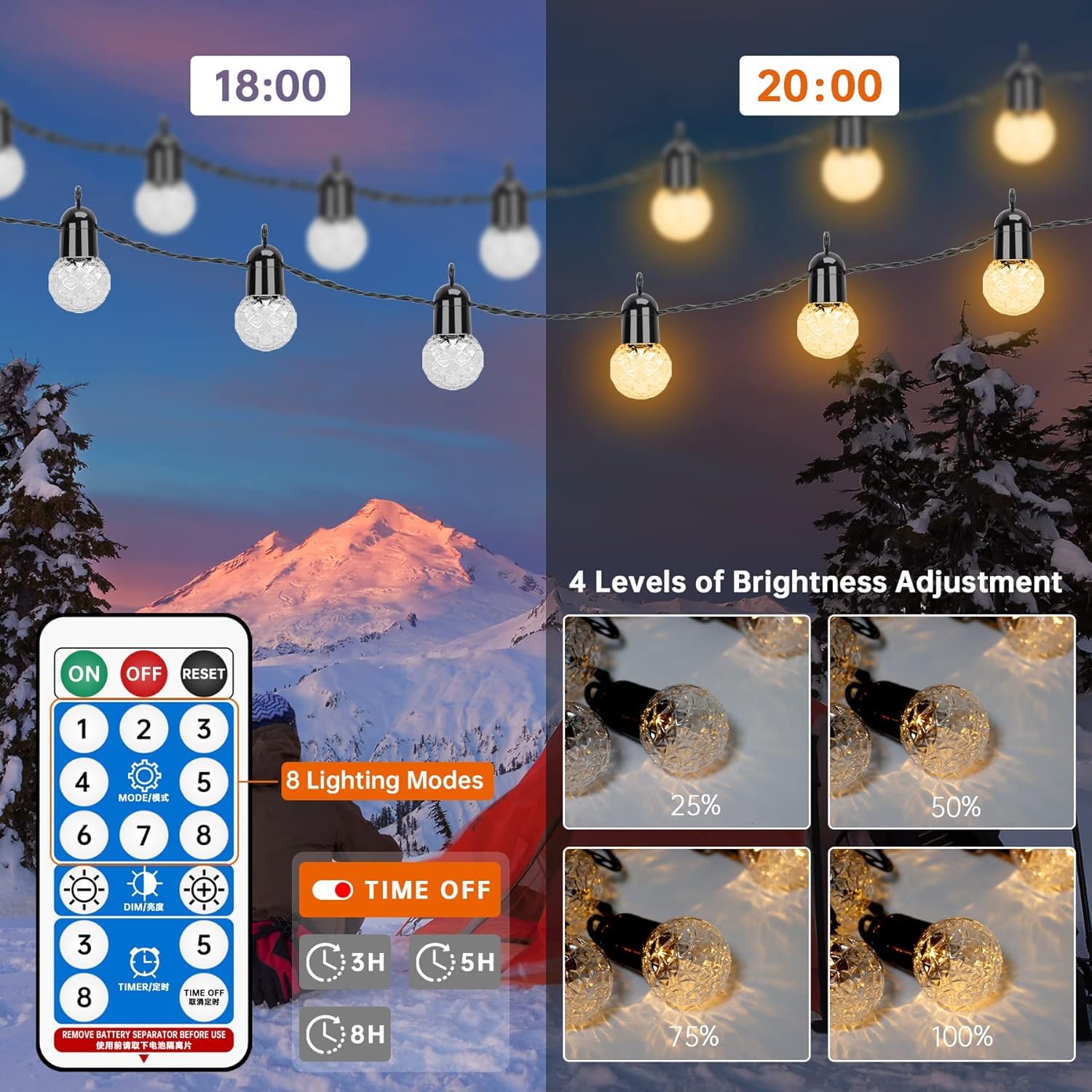 Łańcuch świetlny solarny do użytku na zewnątrz, łańcuch świetlny G40 z 15,5 m / 25 żarówkami LED, ciepła biel, 2700 K, solarny łańcuch świetlny z pilotem zdalnego sterowania, do dekoracji