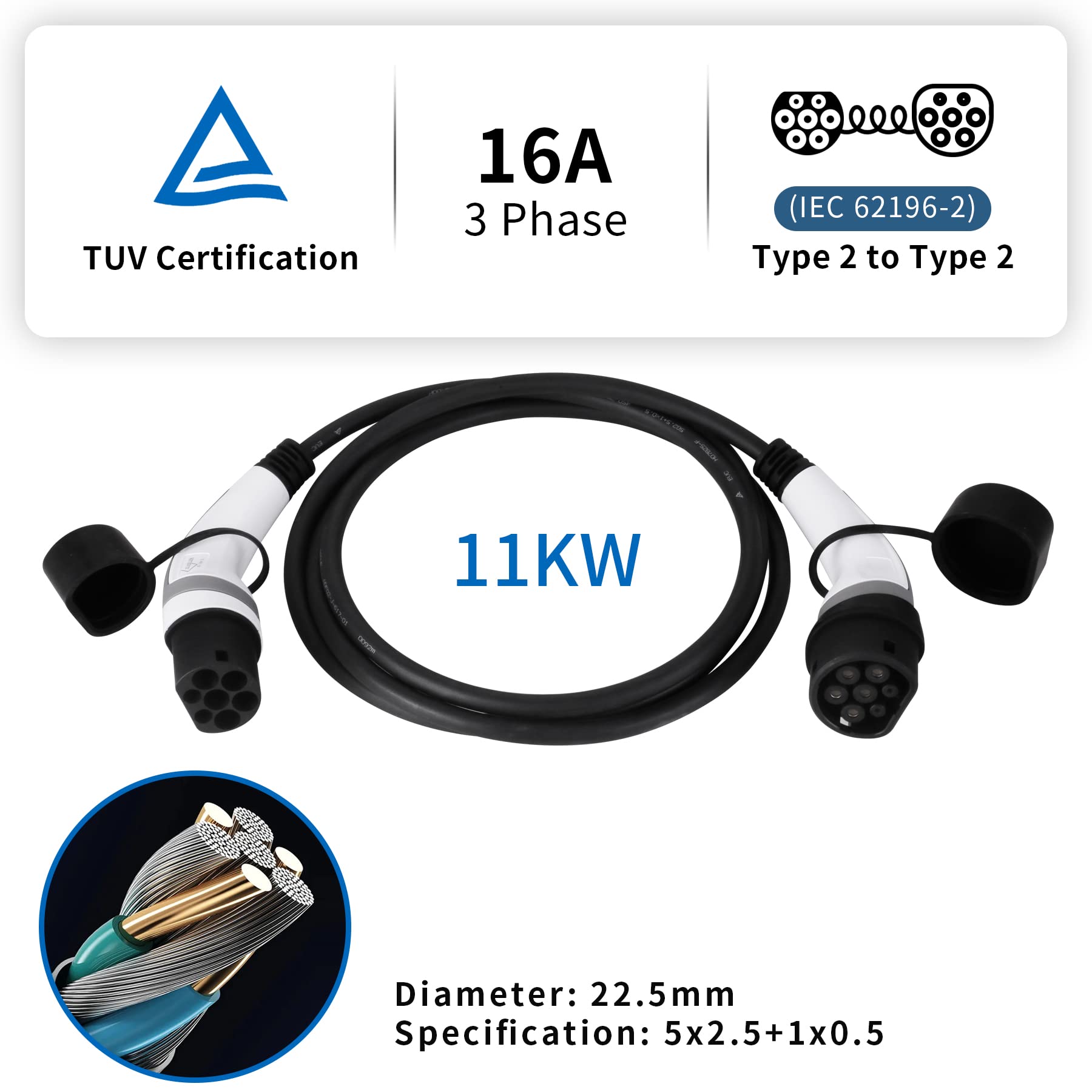 kabel do ładowania typ 2 11 kW 16 A dla hybrydowych i elektrycznych samochodów | 3-fazowy | 3 metry kabel do ładowania typ 2, kabel do ładowania samochodu elektrycznego typ 2 Kompatybilny z