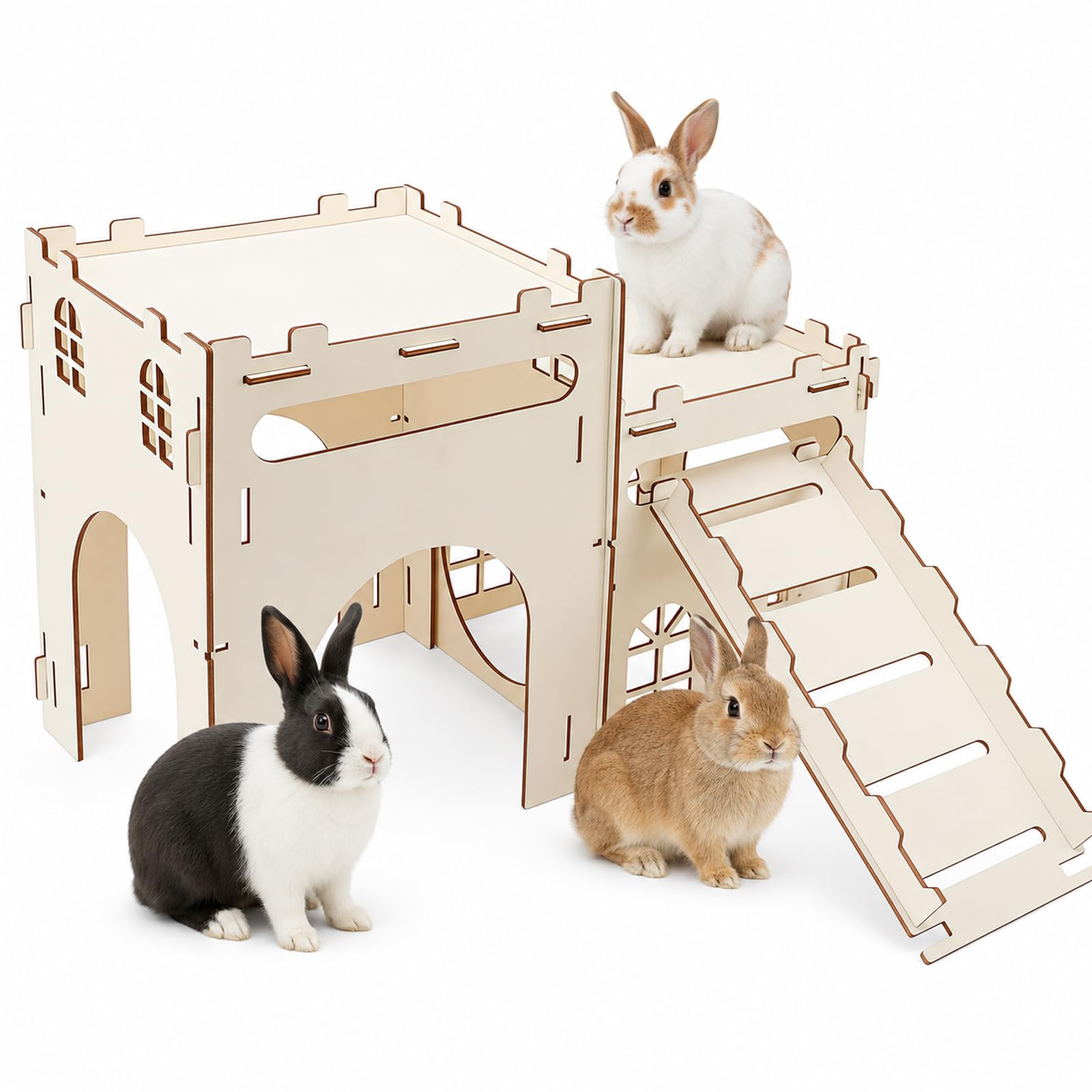 Large Wooden Rabbit House with Ramp, 2-Level Rabbit Castle & Hideout