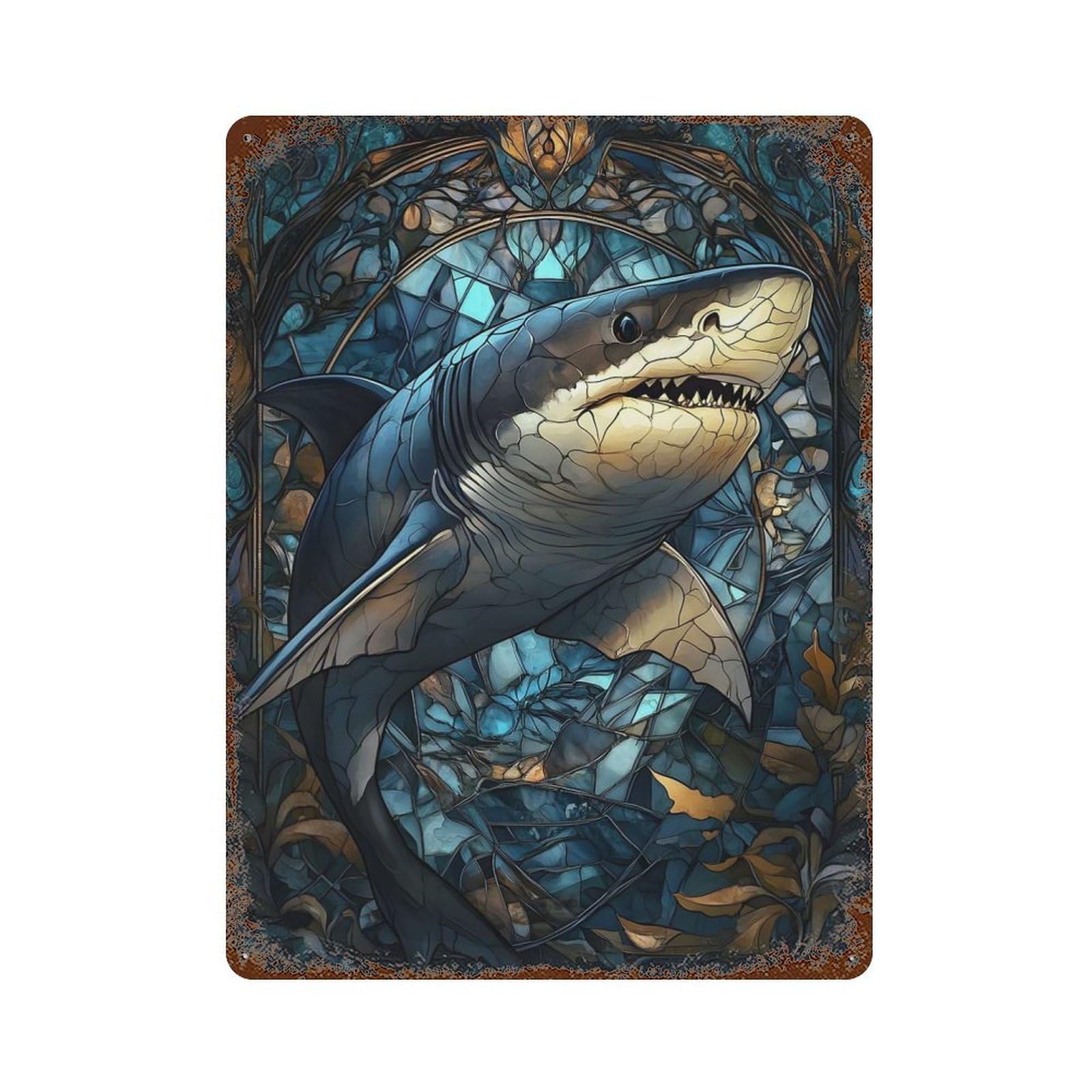 Vintage Rust Metal Sign with Shark Design 15.7"x11.8", for Shed, Workshop And Garage Wall Decor, Classic Wall Plaque