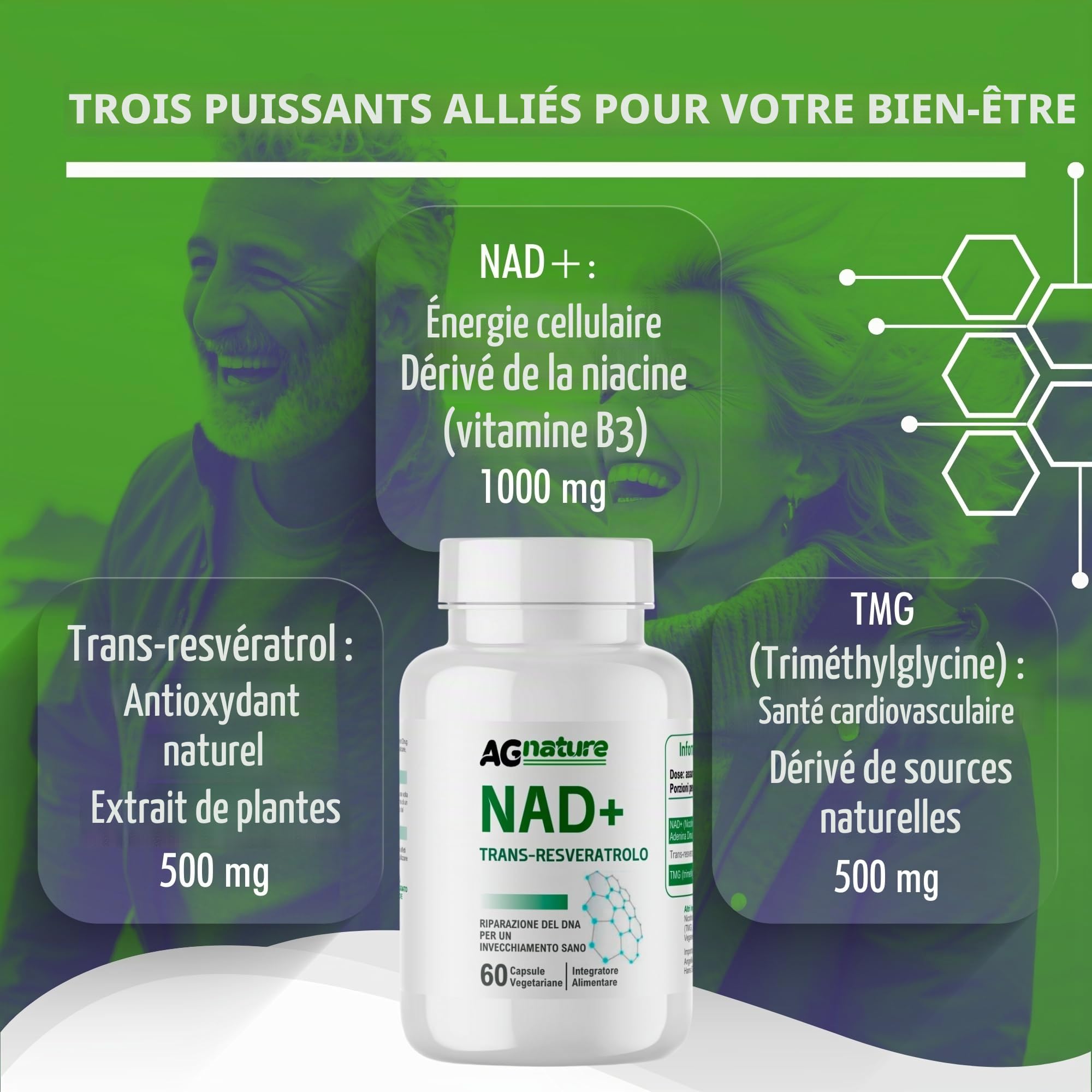 NAD Complément Nicotinamide Pur 60 Gélules 1000 mg - Complexe Anti-Âge et Anti-Fatigue avec Niacine, Trans-Resvératrol et Triméthylglycine