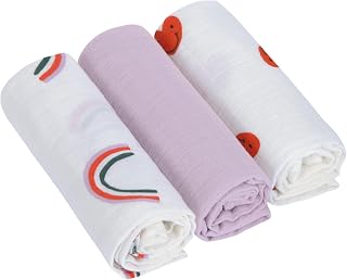 LÄSSIG Baby Puckdecke Spuckdecke Pucktuch Mulltuch 3er Set Baumwolle 60 x 60 cm/Swaddle & Burp Blanket M Happy Rascals Lavender