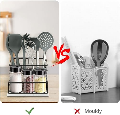 Miniatura 6 de Soporte para utensilios para encimera de cocina, soporte de utensilios de metal con salero y pimentero para encimera de cocina, almacenamiento de