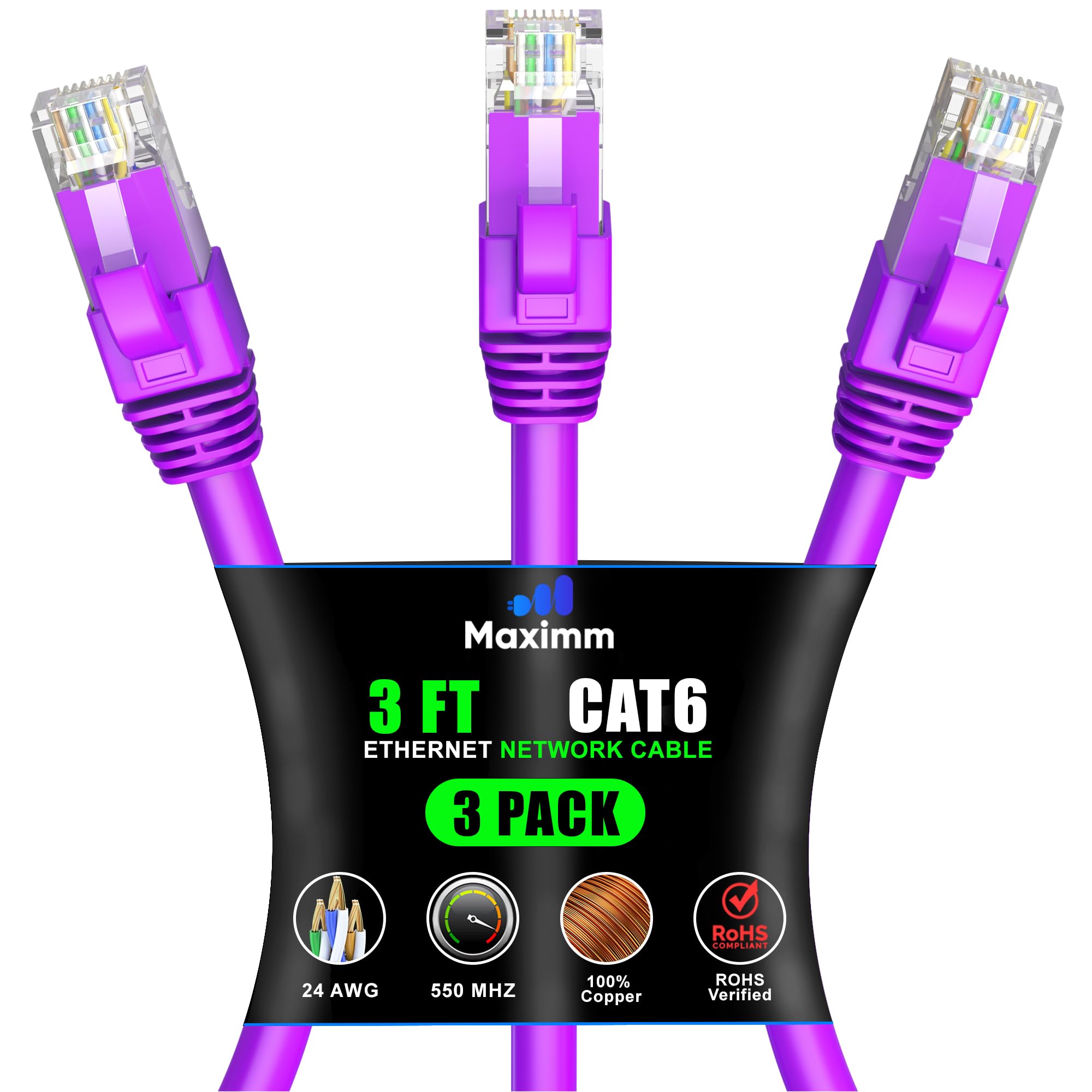 Maximm Cat 6 Ethernet Cable 3 Ft, (3-Pack) Cat6 Cable, LAN Cable, Internet Cable, Patch Cable and Network Cable - UTP (Purple) 3 Feet with 100 Cable Clips and Zip Ties