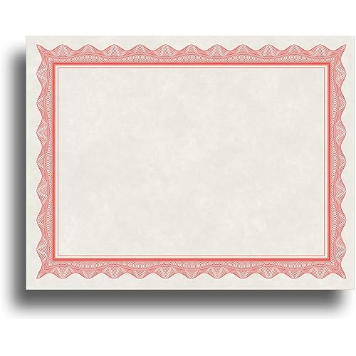 Blank Parchment Certificate Paper for Awards - Works with Inkjet/Laser Printers - Measures 8 1/2" x 11" - Red Border - 250 Sheet Pack