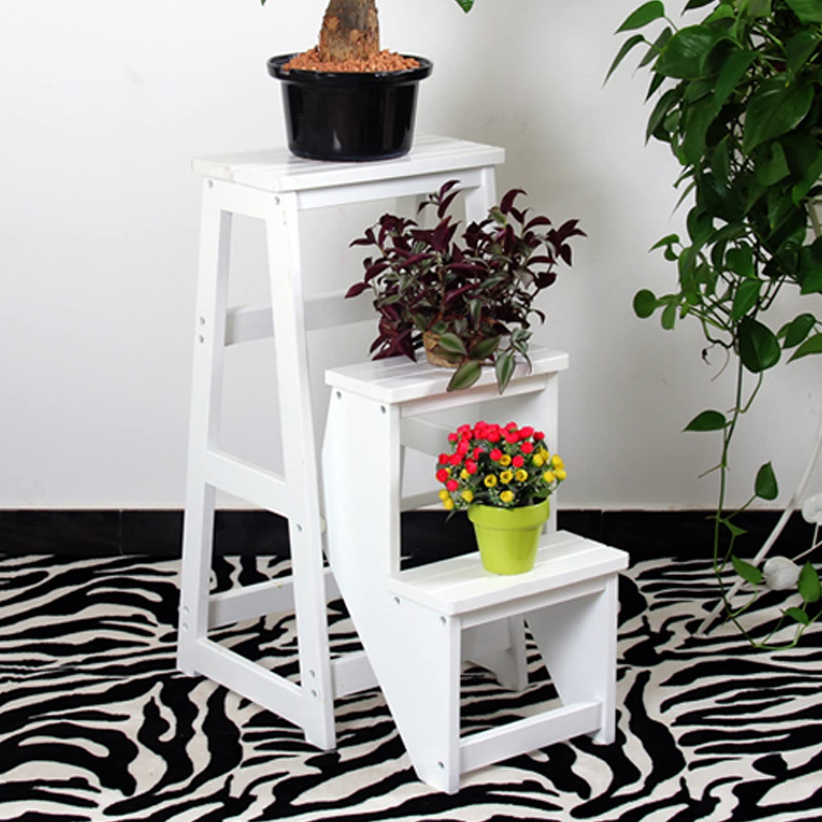 Taburete de 3 escalones plegable como estantería decorativa de madera