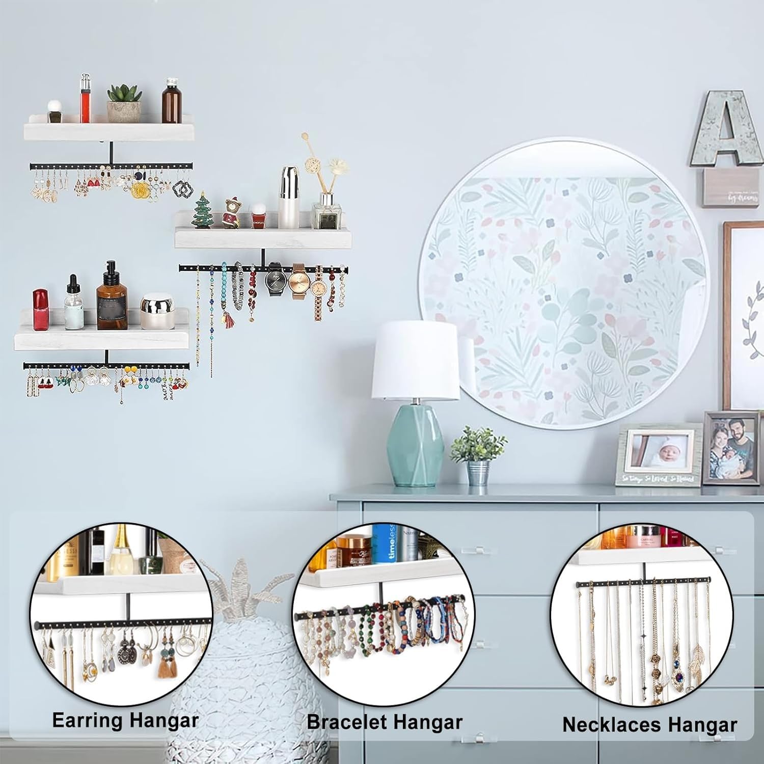 Porte Bijoux Murale, Rangement Bijoux et Etagere Murale Bois 2 en 1, Presentoir Bijoux Mural de Rangementen Maximal 20Kg, Arbre a Bijoux pour Collier, Anneau, des Boucles d'oreilles Montre