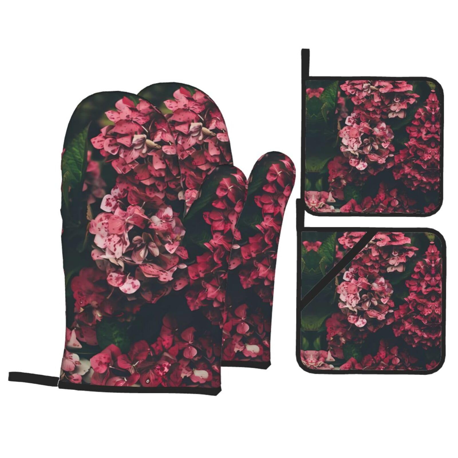 HJFCZH Triangle Flower Prints Kitchen Throw Set: Durable Oven Layers with Waterproof Polyester – 4 Piece Heat Protection System