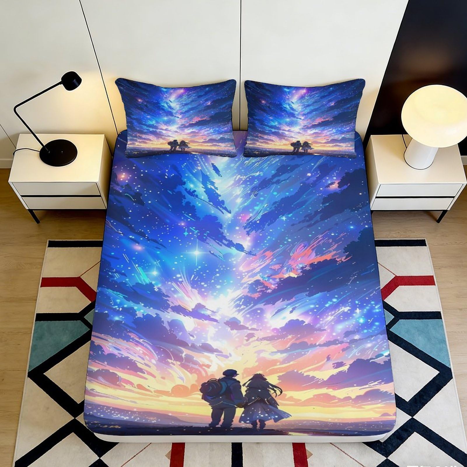 Dhbaneiok Style-6 3D Printed Sunset Sky Fitted Sheet Microfiber Soft Breathable Lovers Silhouette Mattress Cover Bedroom Decor Protector 90X200x25cm