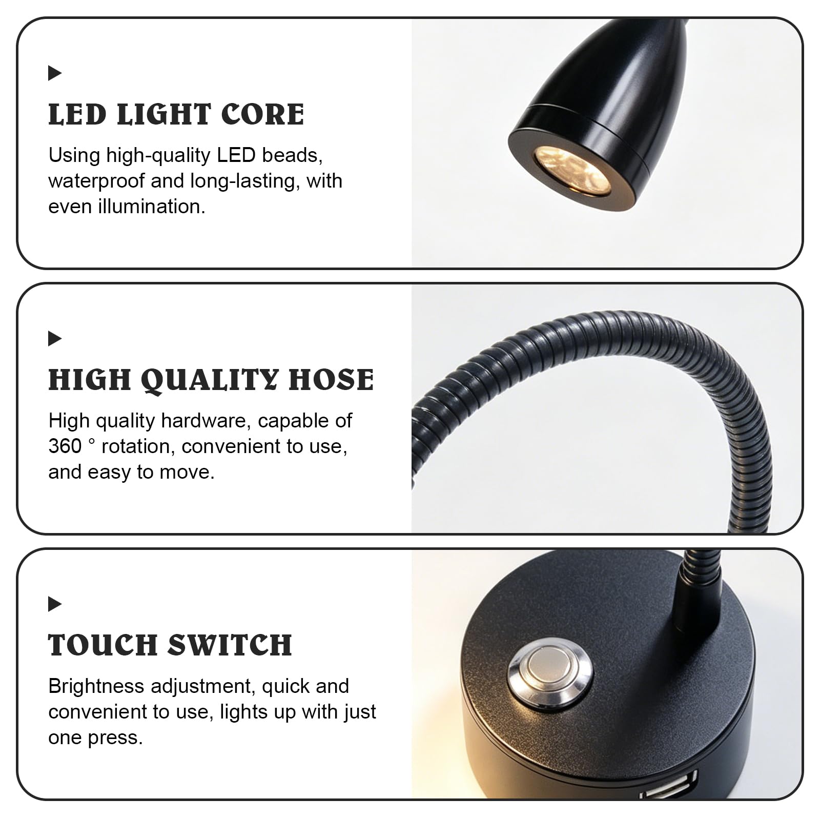 BYZESTY - Lámpara de lectura LED de 12 V, lámpara LED de 12 V, lámpara de lectura LED de 12 V, camping, lámpara de lectura de 12 V LED para autocaravanas y caravanas, 3 temperaturas, puerto USB
