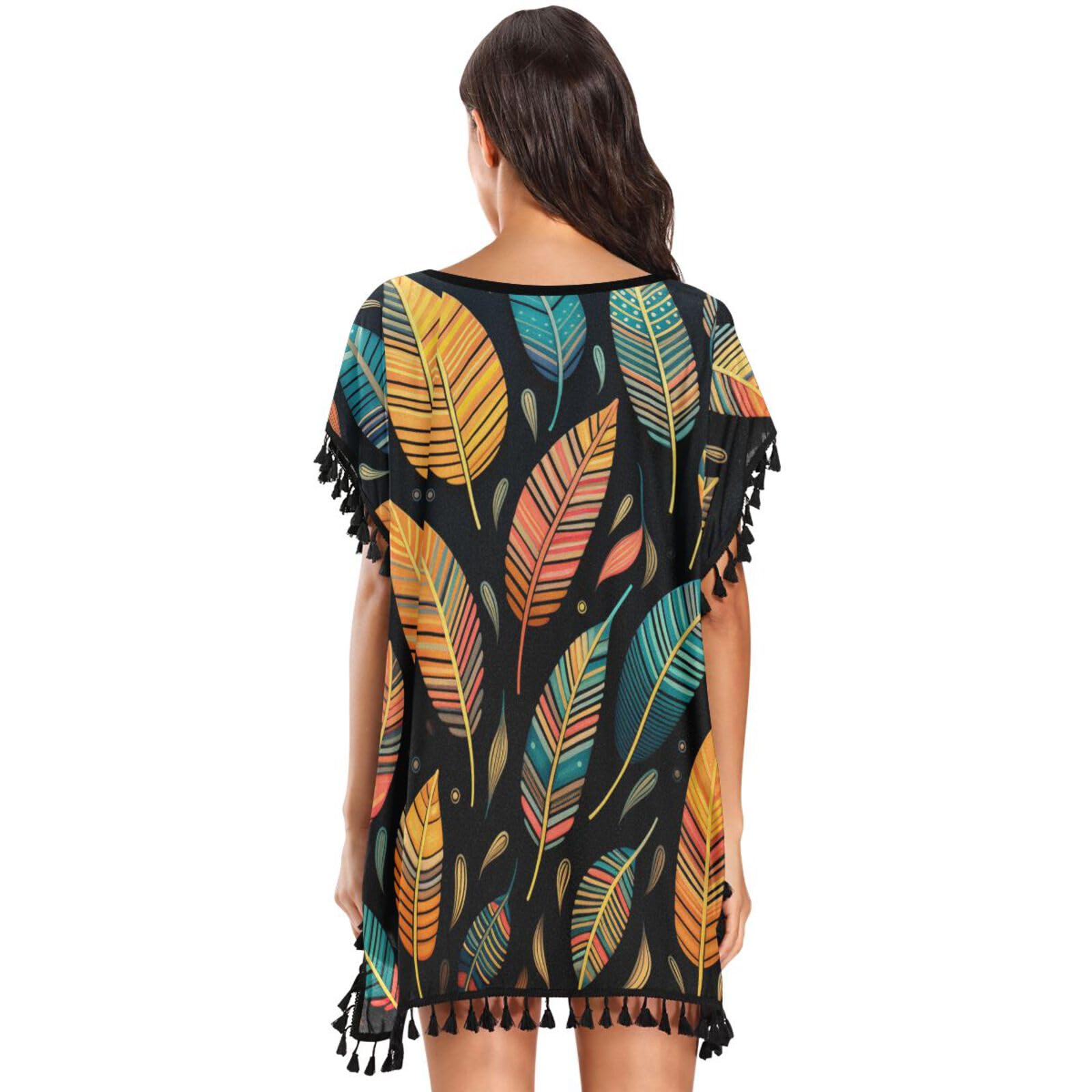 KAAVIYO Colorful Tribal Feathers Women's Beach Cover Up Chiffon Tassel Swimwear Swimsuit Coverups for Girl
