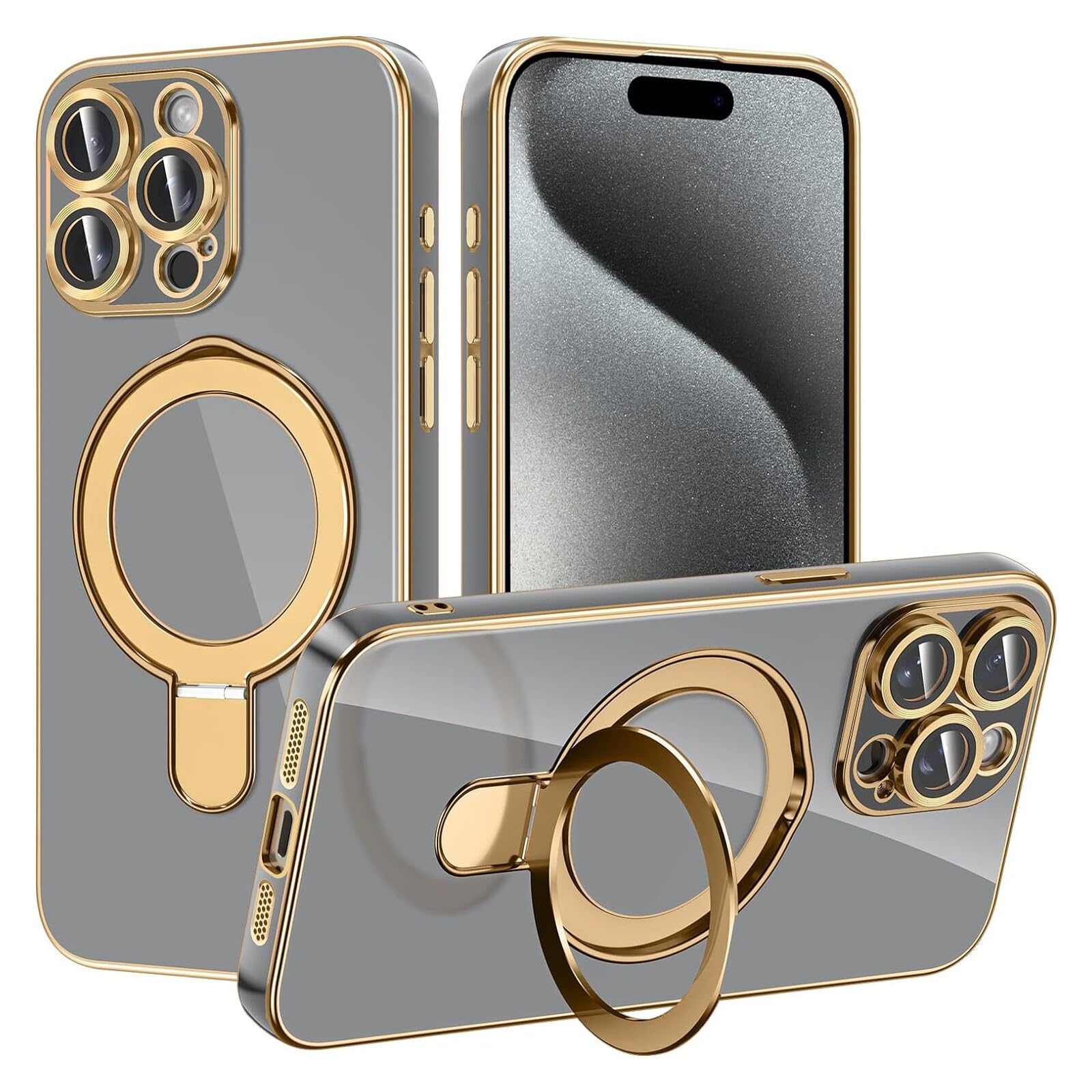 Coque silicone iPhone 13 antichoc gris avec anneau support arrière - 6