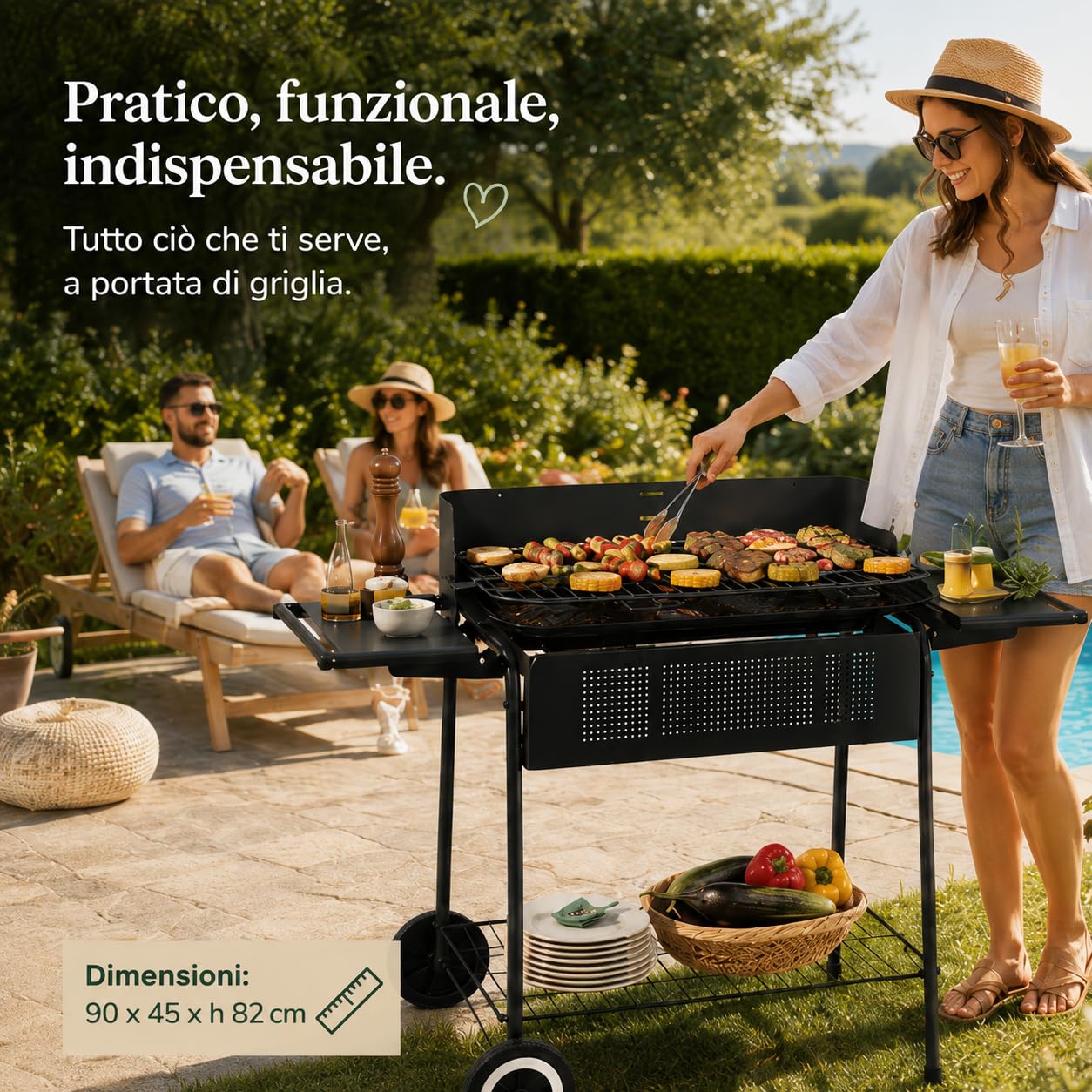 Barbecue a Carbonella in Acciaio con Ruote 90x45x82 cm | Barbecue in acciaio smaltato con griglia, ruote e doppi ripiani porta utensili per grigliate all'aperto.