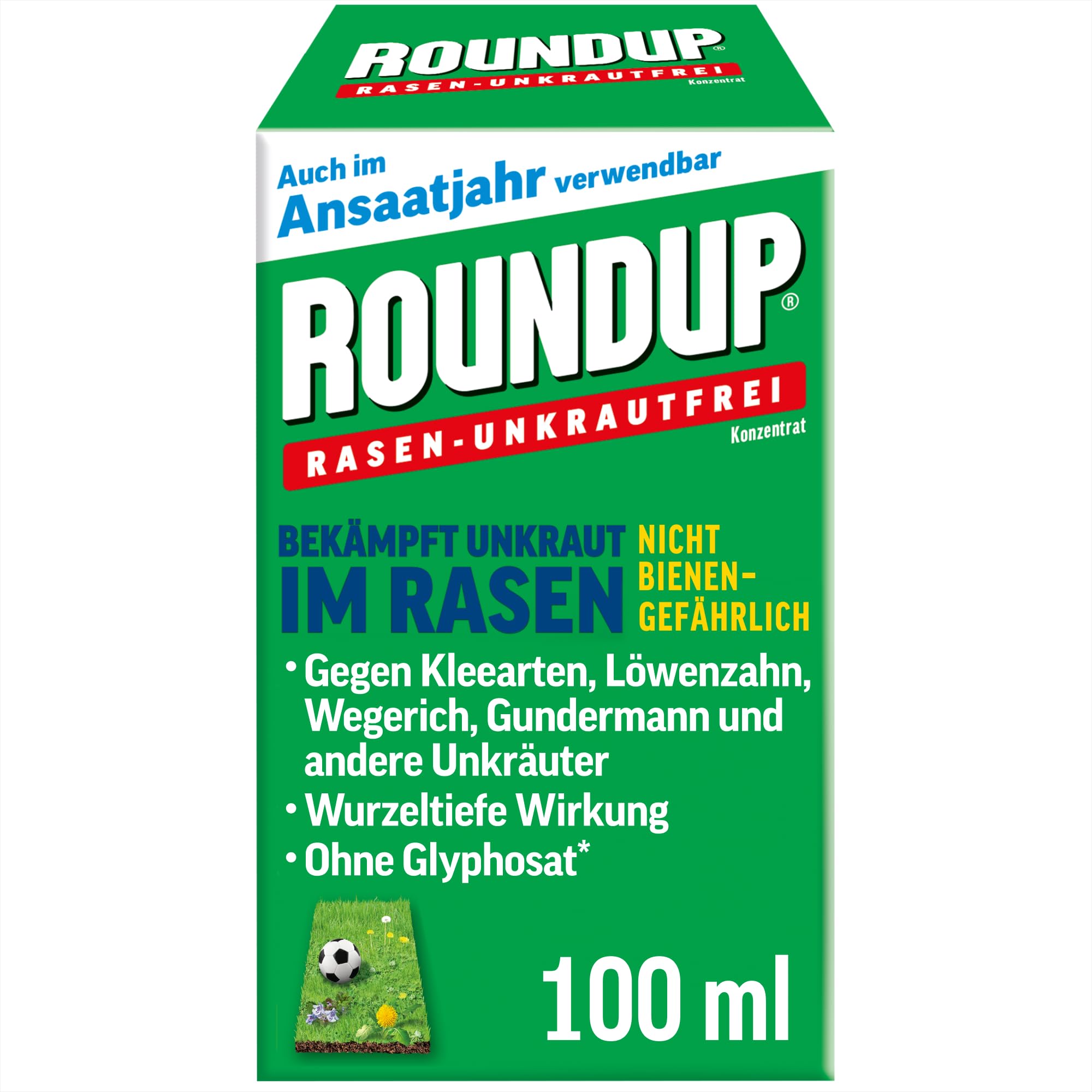 Roundup Rasen-Unkrautfrei Konzentrat, 100ml für 66m², Spezial-Unkrautvernichter, gegen Unkräuter auch im jungen Rasen