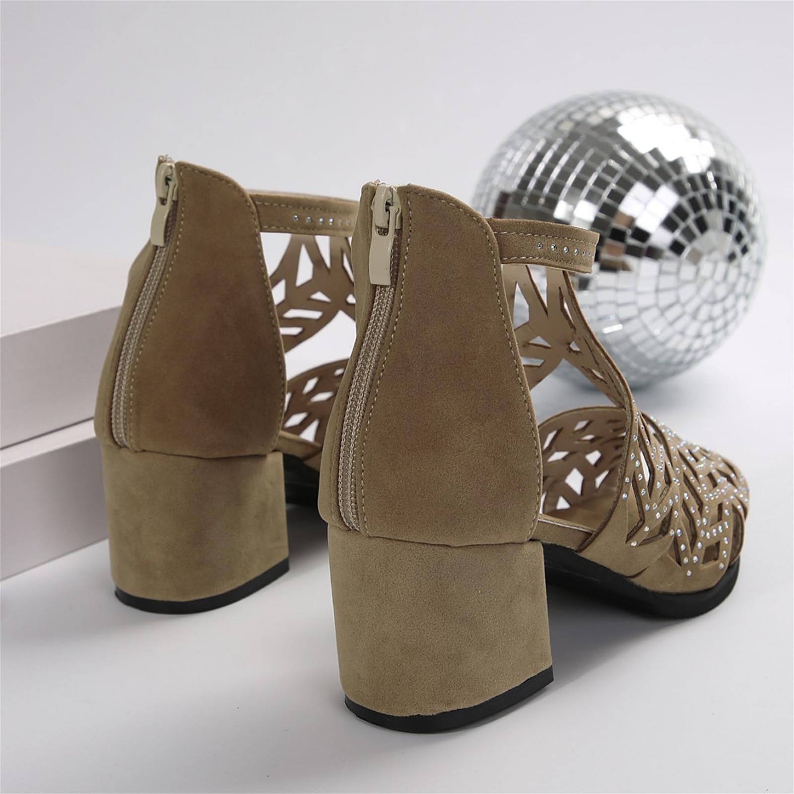 SACFOF Sandalias de tacón de bloque con diamantes de imitación para mujer, con correa al tobillo, sandalias de tacón grueso, sandalias romanas