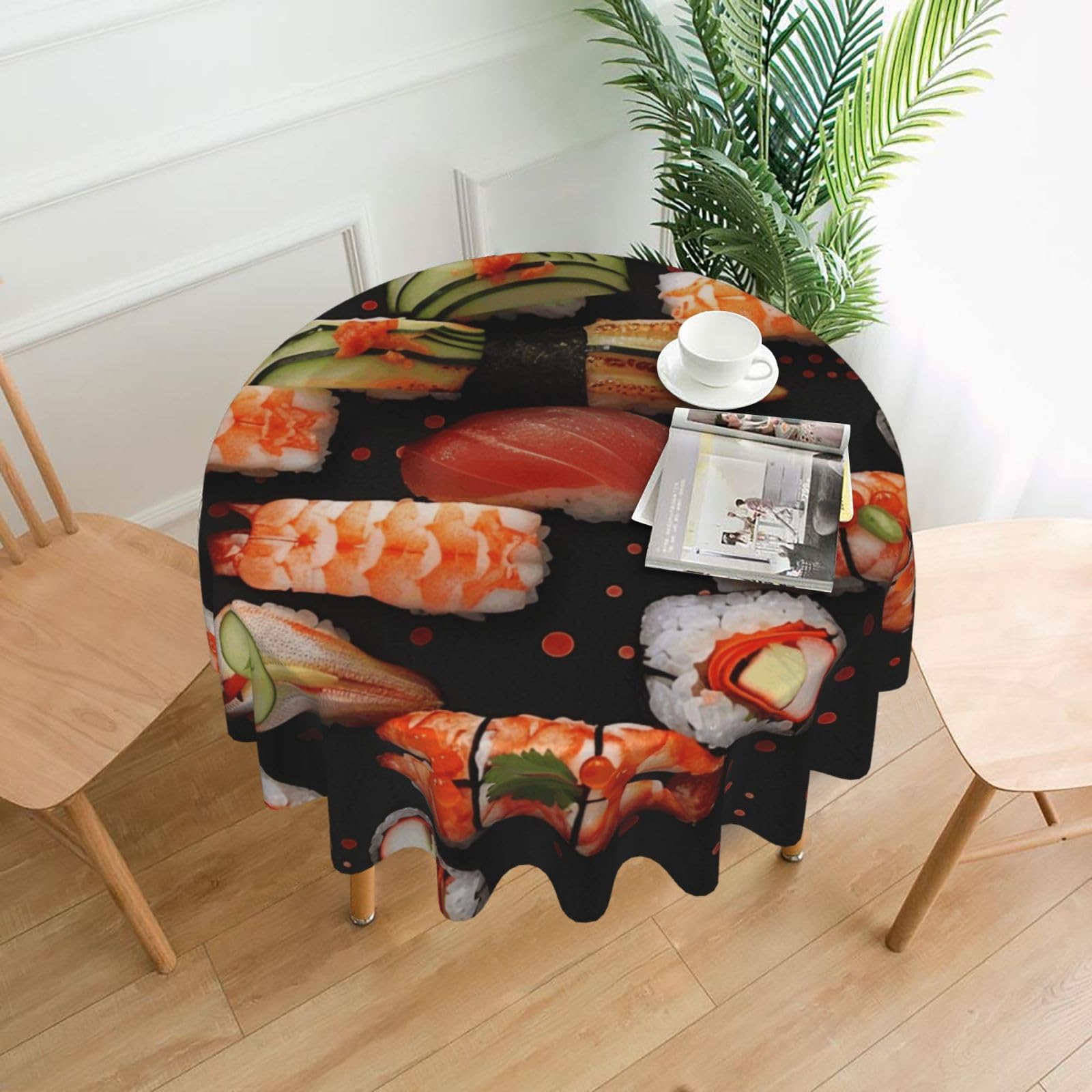 WPKJU Japanese Sushi Shrimp Printed Round Tablecloth 60 in Water Resistant Table Cover Washable Table Cloth for Dining Tables