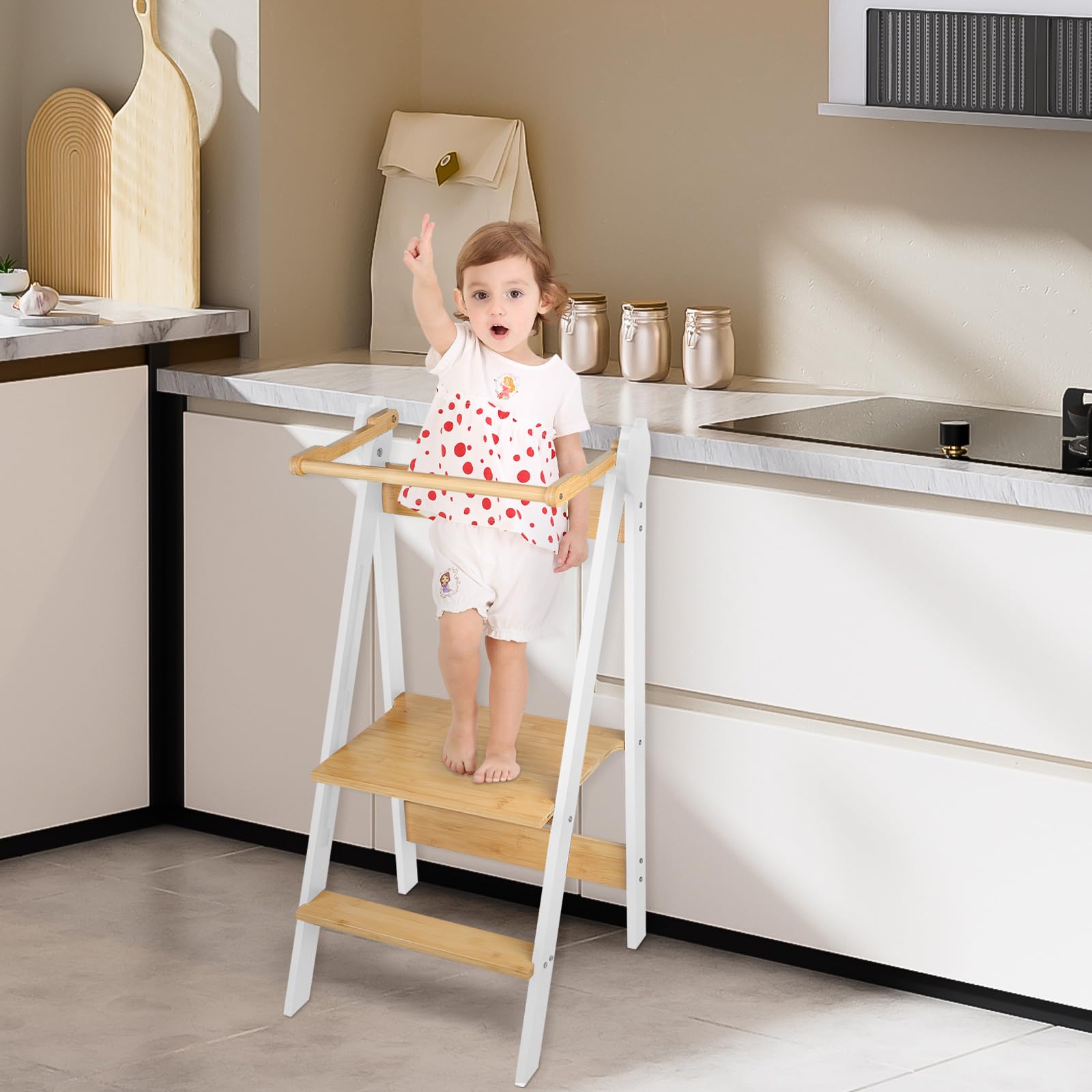 Torre di apprendimento Montessori in legno, 3 altezze regolabili, piedi antiribaltamento, torre di osservazione naturale, metodo Montessori, per bambini a partire da 12 mesi