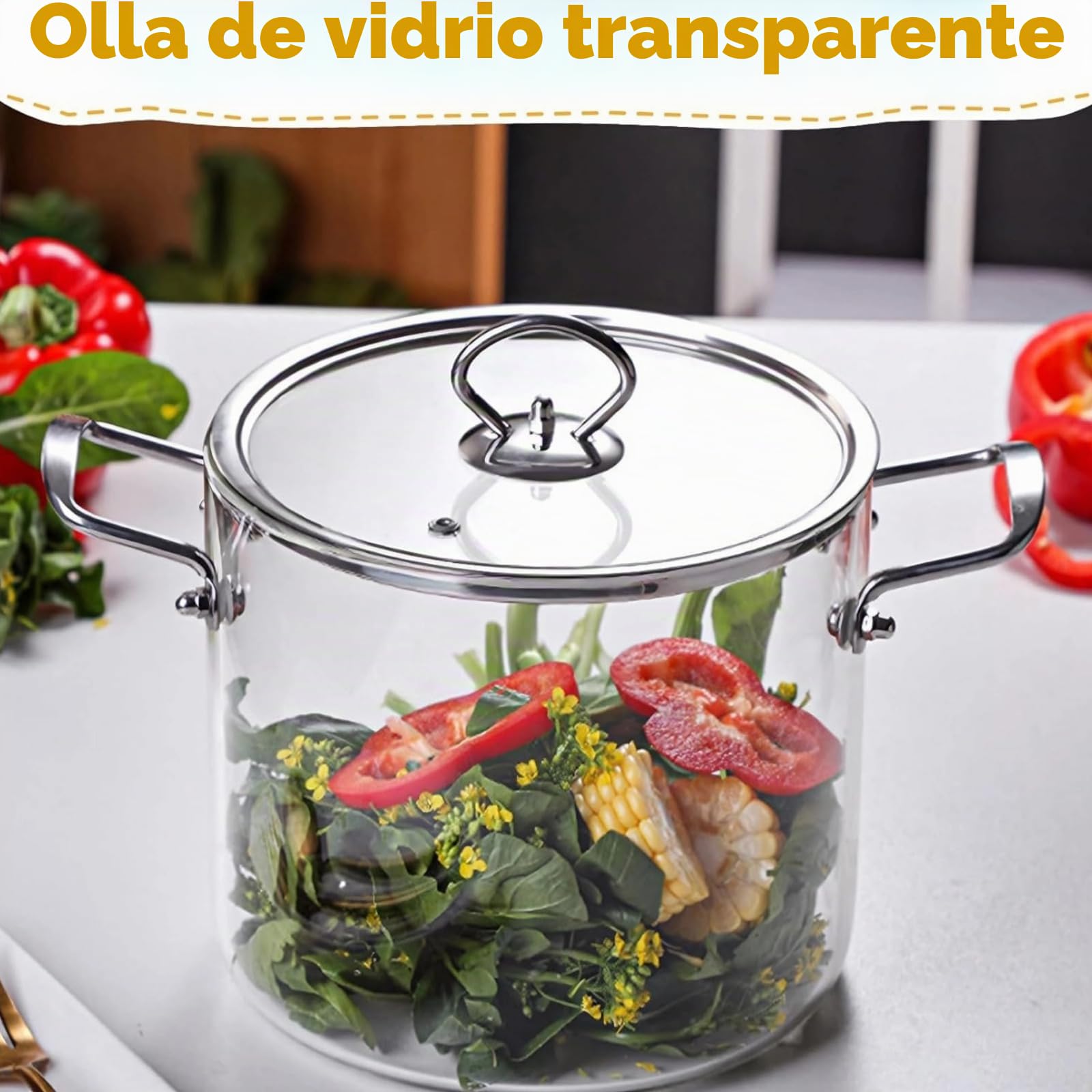 Olla de Vidrio con Tapa, Cacerola de Borosilicato Resistente al Calor para Cocina, con Asas Dobles de Acero Inoxidable, Ideal para Sopa, Leche, Pasta y Más (5.5 L)