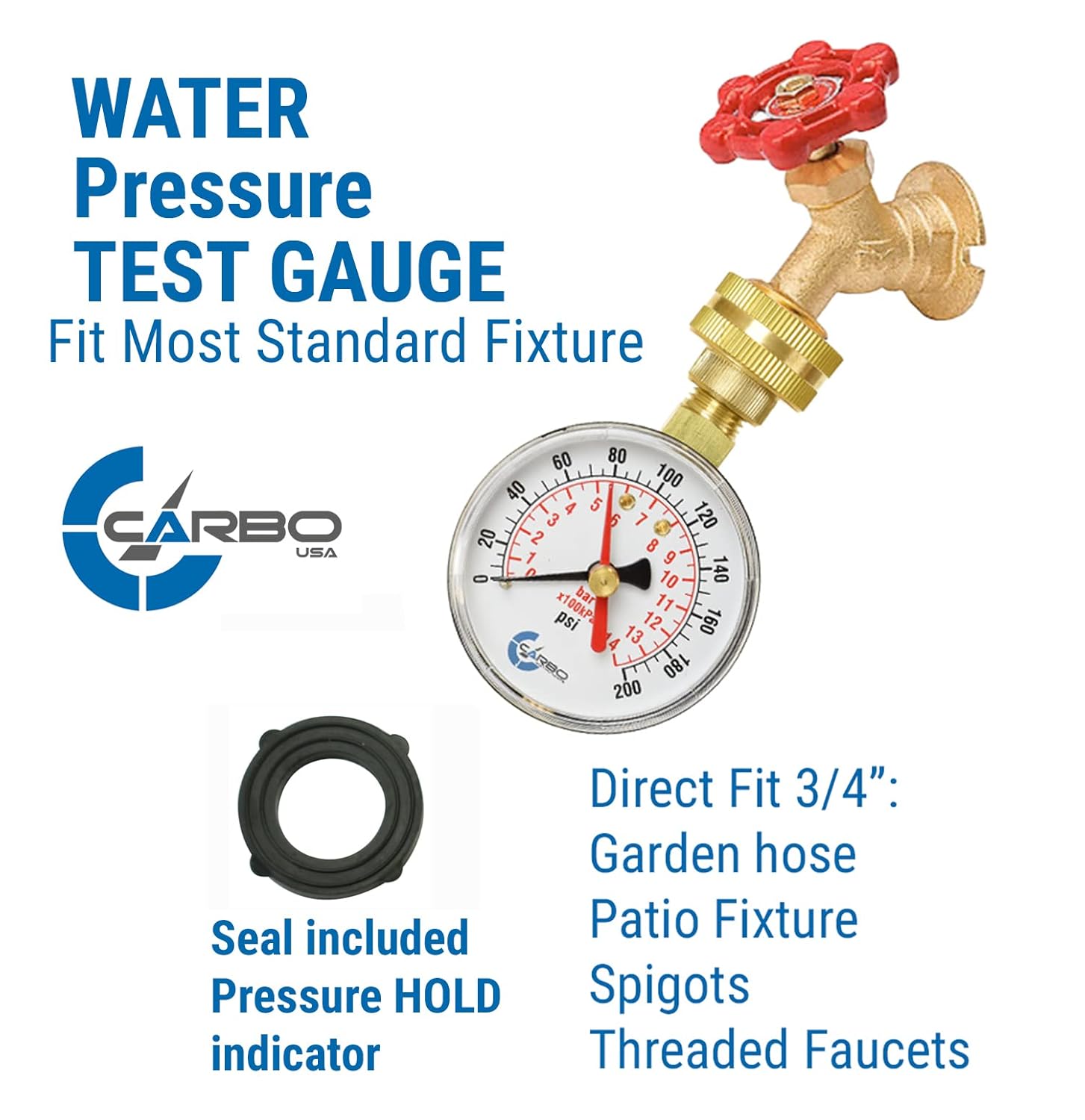 CARBO Instruments 2- 1/2" Pressure Gauge,Water Pressure Test Gauge, 3/4" Female Hose Thread, 0-200 PSI with Red Pointer : Industrial & Scientific