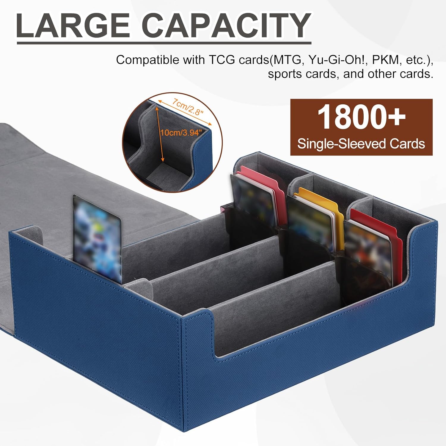 uxcell Trading Card Storage Box, Leather Magnetic Closure Commander Deck Case Holds 1800+ Cards with 10 Pcs Dividers for Magic Game, Blue/Grey