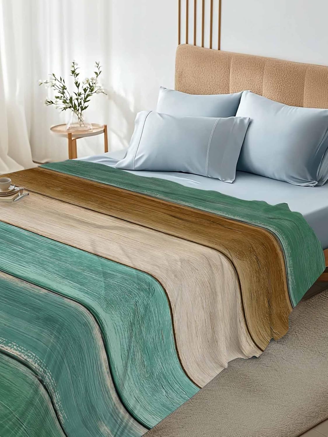 Top Sheet Full Bedding Flat Sheet Only, Vintage Plank Turquoise Brown Microfiber Bed Sheets Soft Breathable Bedding Flat Sheets, Farmhouse Wood Grain Hotel Luxury Top Sheets