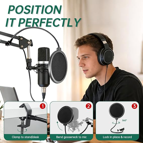 Pop Filter for AT-2020 AT-2035 AT-2040 AT-2050 ATR2500 and All Microphones, Pop Shield for Filtering Plosives and Hissing Noise, Dual-Layer Mesh, 360° Adjustable Gooseneck (Mask-Black)
