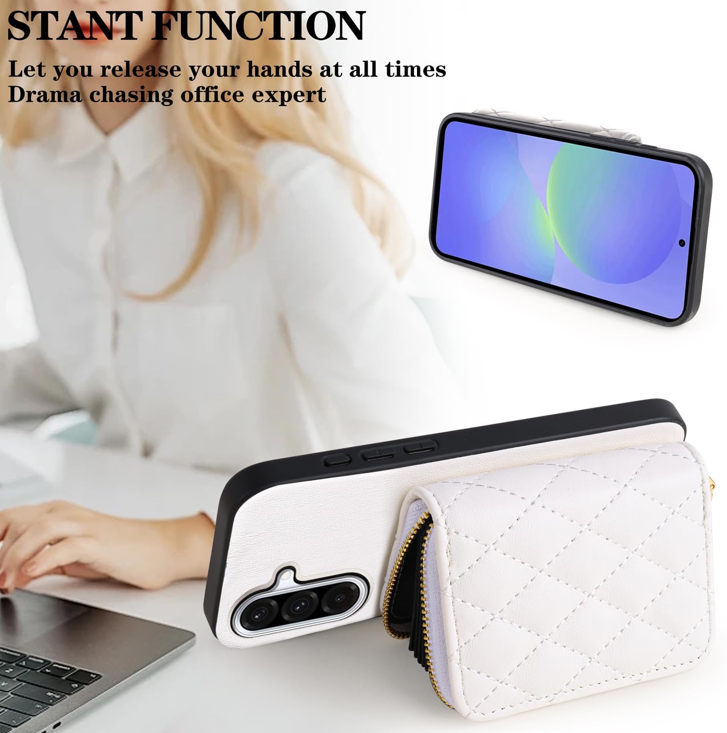 Argyle Wallet Cover for Samsung Galaxy S24 Plus S24+ 5G with Screen Protector Shoulder Strap, PU Leather Zipper Organ Card Holder Stand Phone Case for S24Plus 24S + S 24 24+ Women Girls White