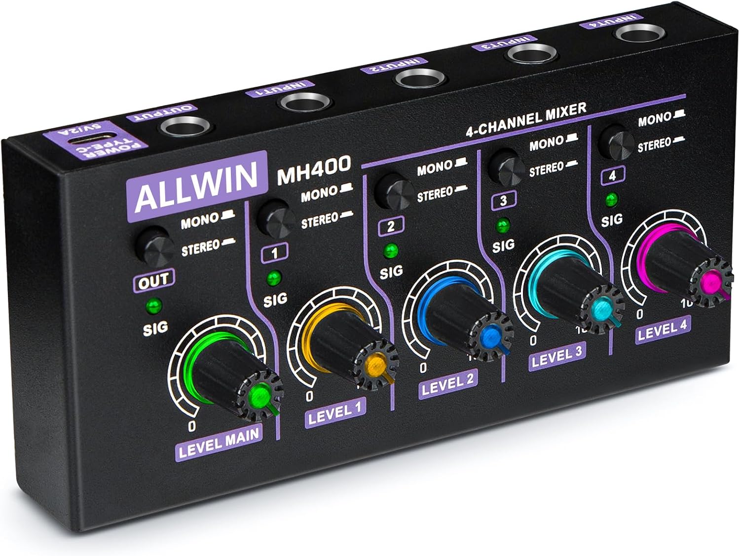 4Channel Line Mixer, ALLWIN Mini Audio Mixer Low Noise DC5V 4in1out