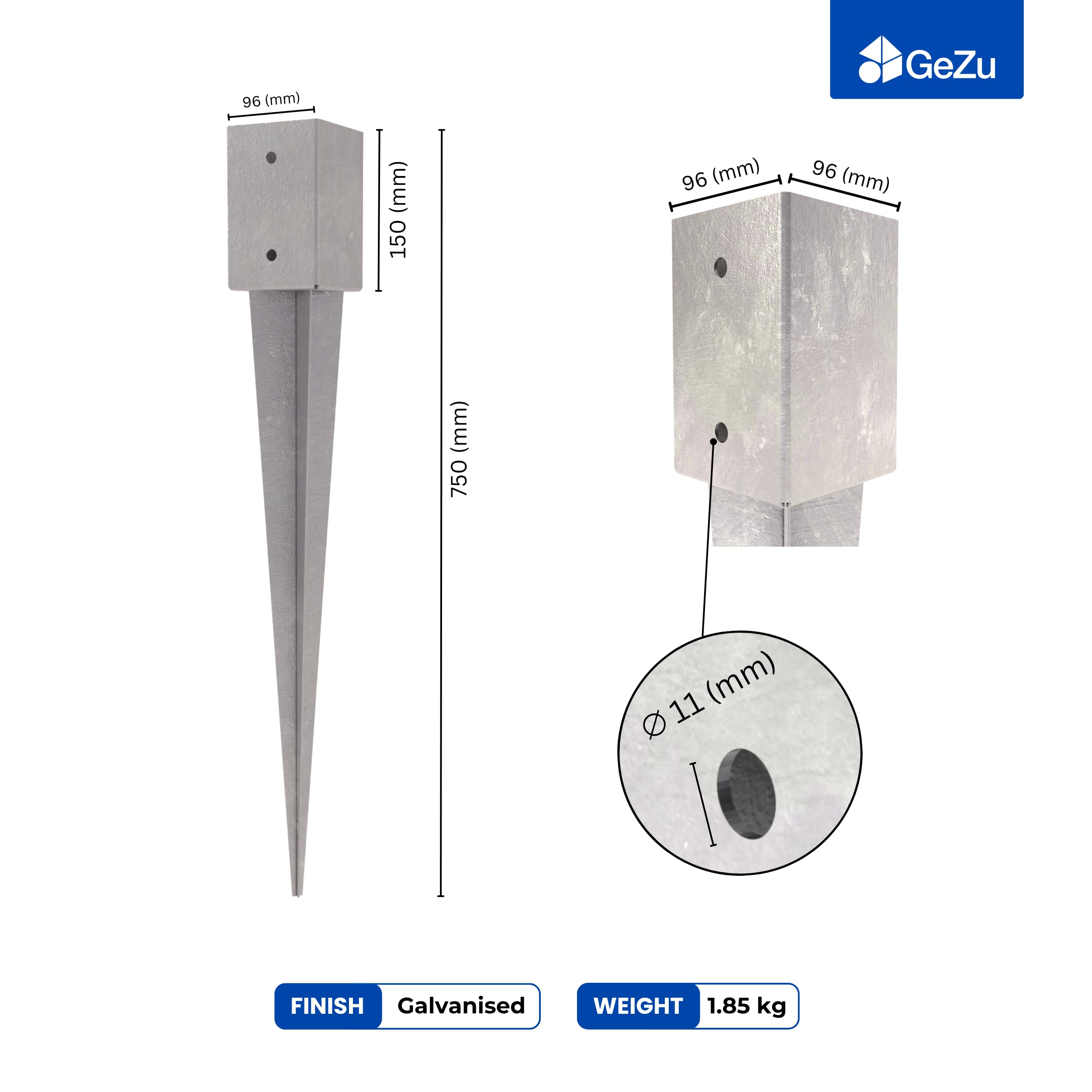 GeZu Impex Ancrage au sol 96 x 96 x 750 mm galvanisé à chaud Lot de 4 douilles de fond d'impact, support de poteau de poteau de poteau de frappe