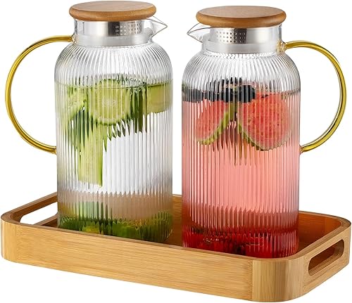 Miniatura 12 de Jarra de vidrio con tapa, jarra de agua clásica de 100 onzas / 3 litros con rayas verticales, jarra de agua de vidrio para preparación fría, café,