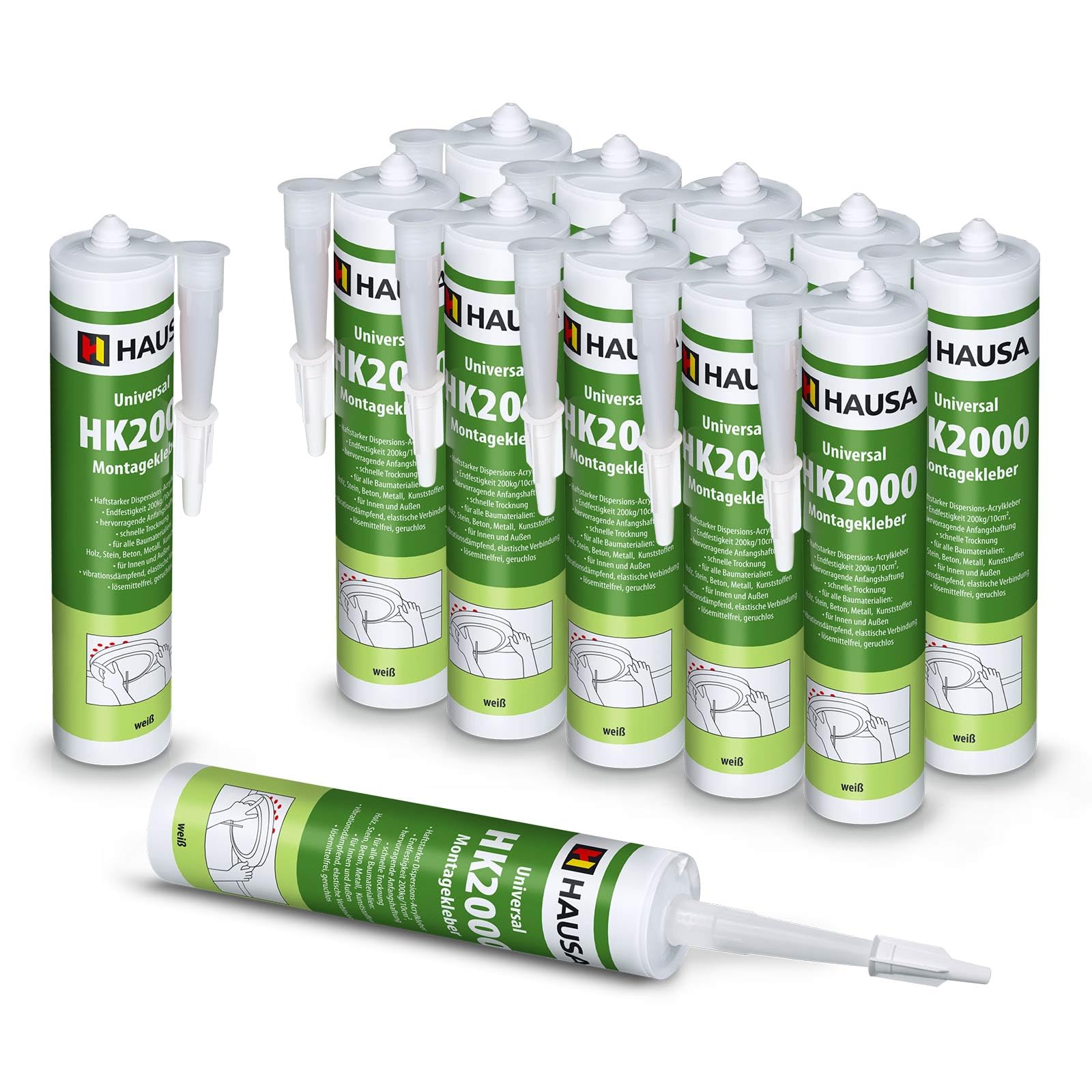 HAUSA Colle de montage universelle HK2000 Colle acrylique à dispersion adhésive Idéale pour les supports poreux à l'intérieur et à l'extérieur Résistance finale 200kg/10cm² 12x 310ml Blanc