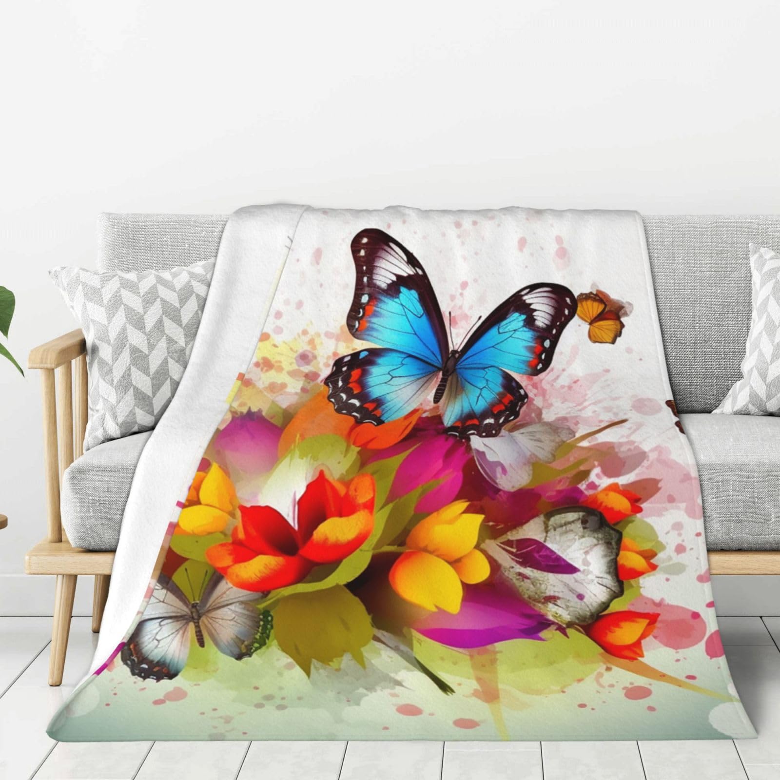 Couverture polaire en flanelle fleurie et papillon 127x101 cm pour lit et canapé