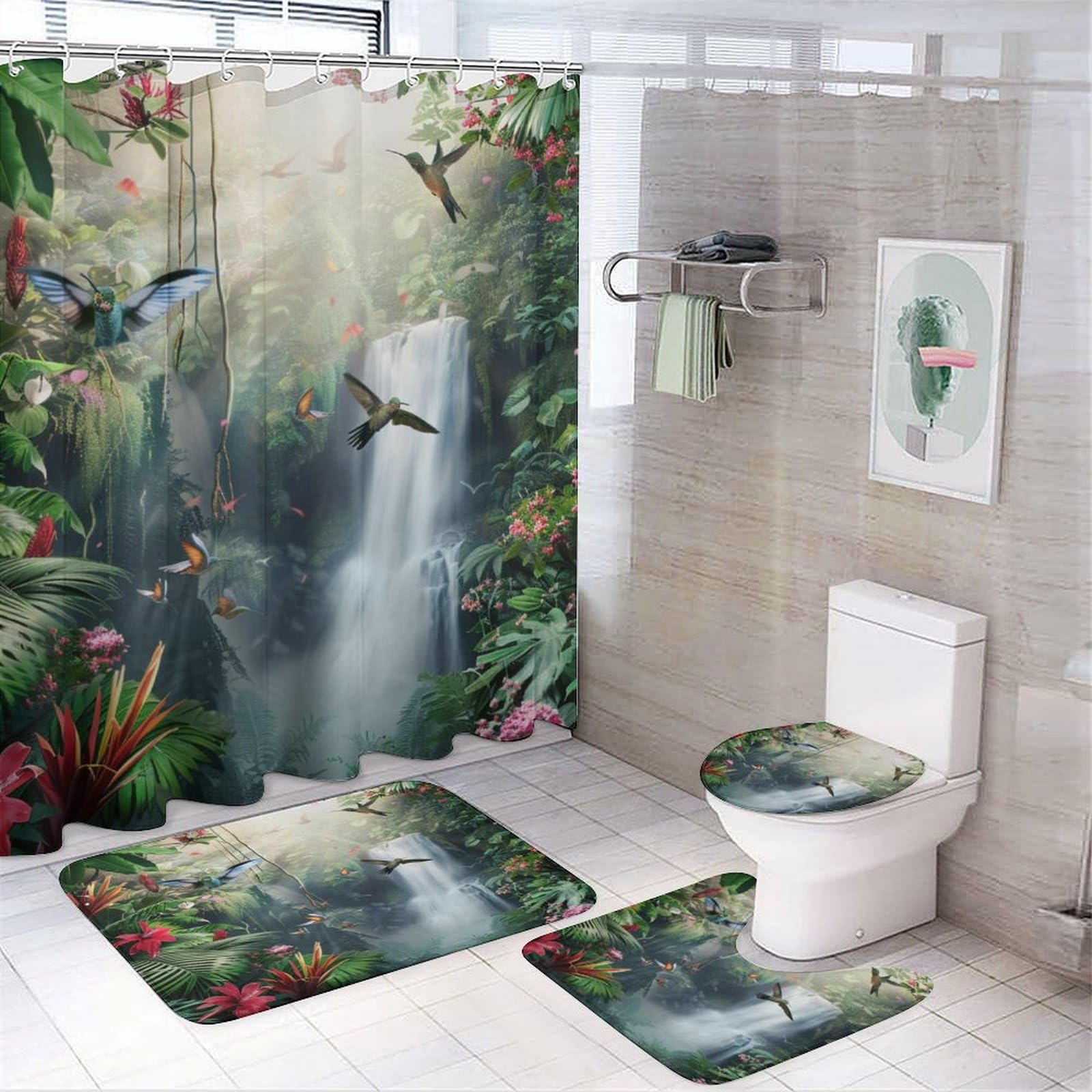 4 Piece Modern Hummingbird Bathroom Set with Shower Curtain and Rugs, Jungle Waterfall Tropical Flowers Plants Bathroom Shower Curtain Set with Rug,