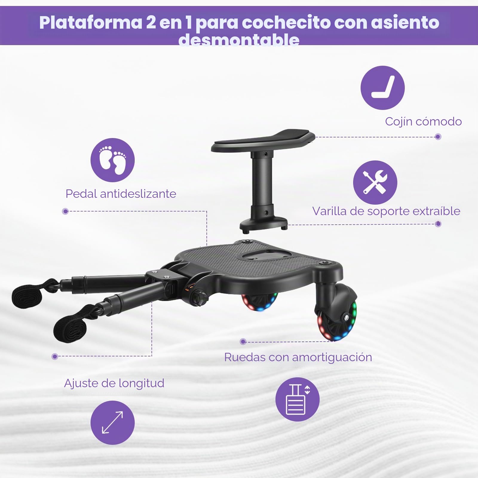Patinete Carro Bebe Universal, Buggy Board con Asiento y Ruedas LED, Accesorio para Cochecito, Para Niños de 2 a 6 Nños, Cargar 25KG