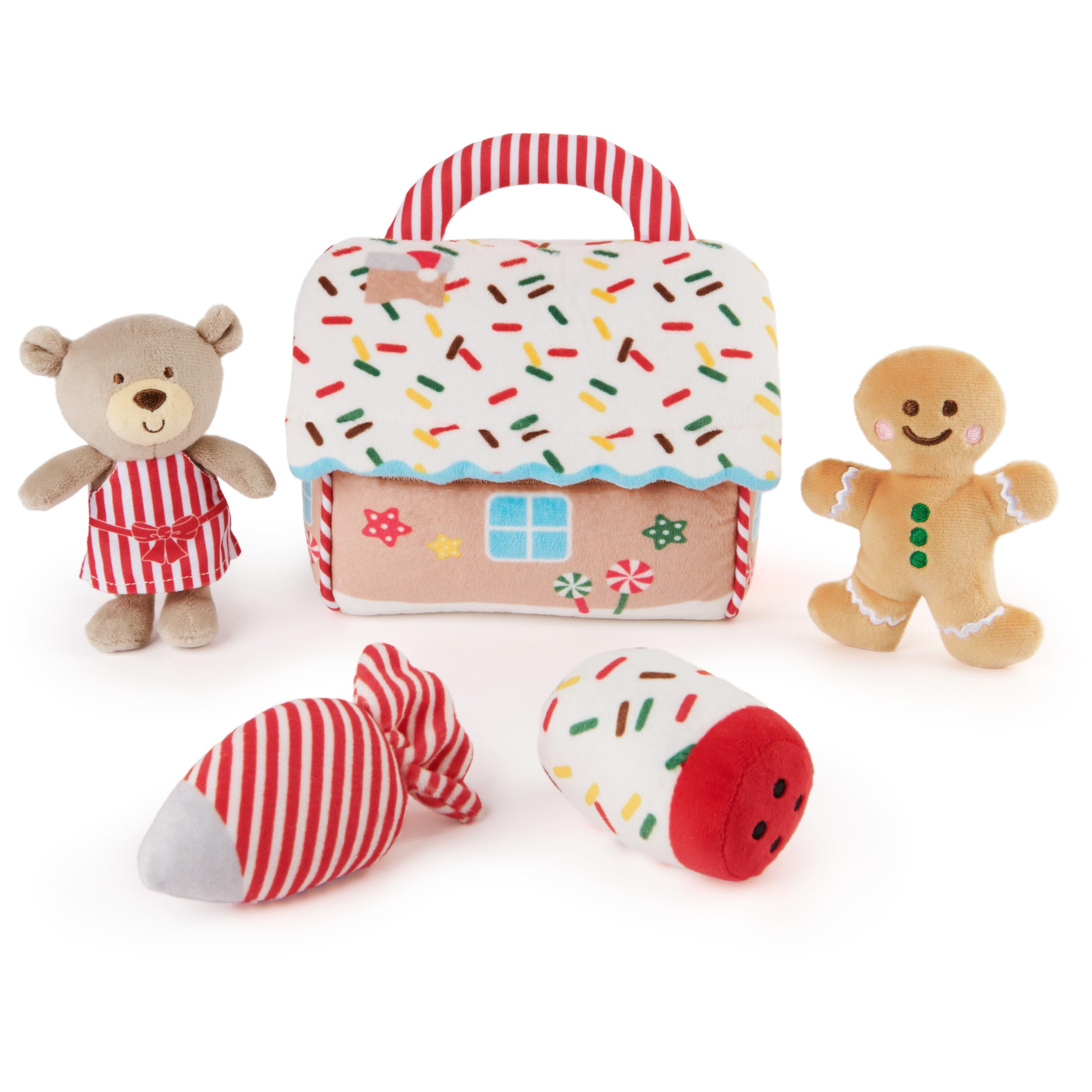GUND Baby Play Soft Collection, My First Gingerbread House 5-Piece Playset with Rattle, Squeaker and Crinkle Plush Toys, Sensory Toy for Babies, 7.5"