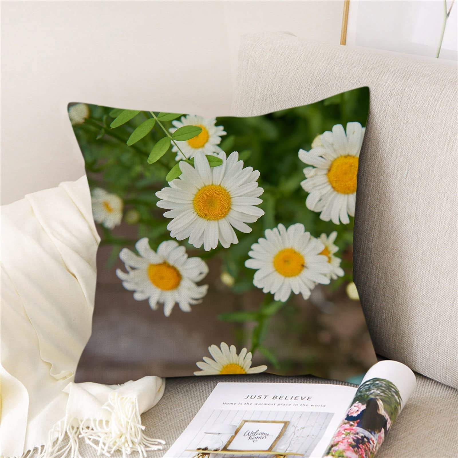 4 federe per cuscino da giardino, 50 x 50 cm, in lino, colore: bianco, giallo, verde, margherita, federa in lino, per soggiorno, divano, camera da letto