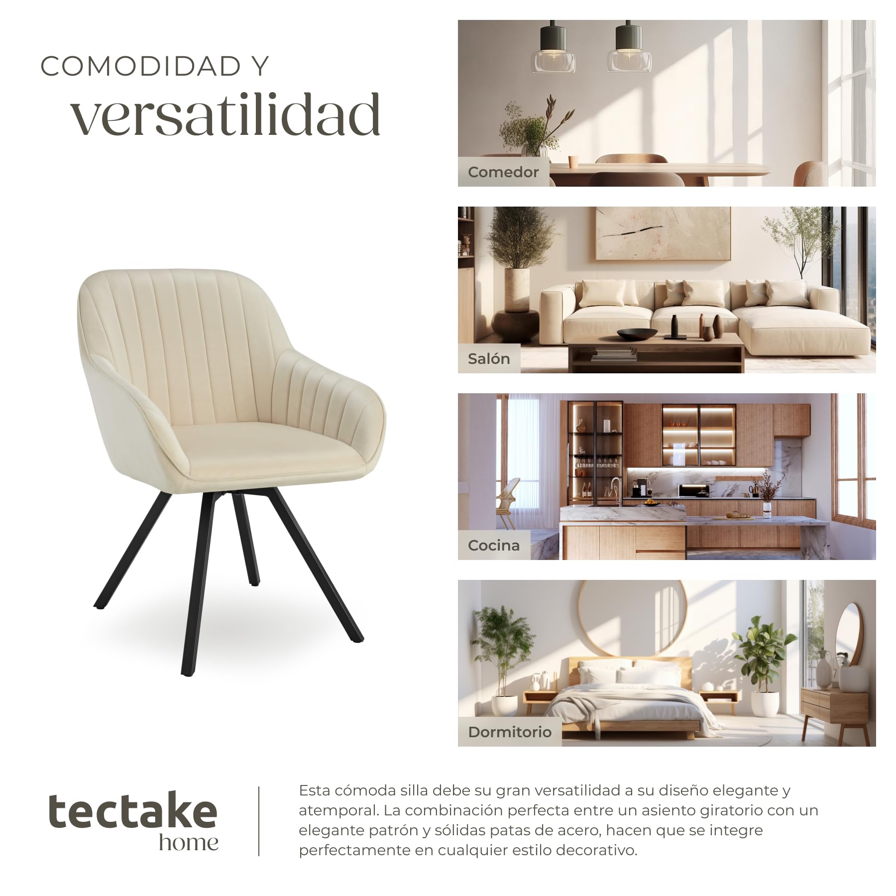 tectake® Sillas de Comedor Giratorias con Funda de Terciopelo, Acolchada, Respaldo Continuo, Silla Dormitorio, Silla con reposabrazos, sillas nordicas, Muebles Salon Modernos - 1 Silla Crema