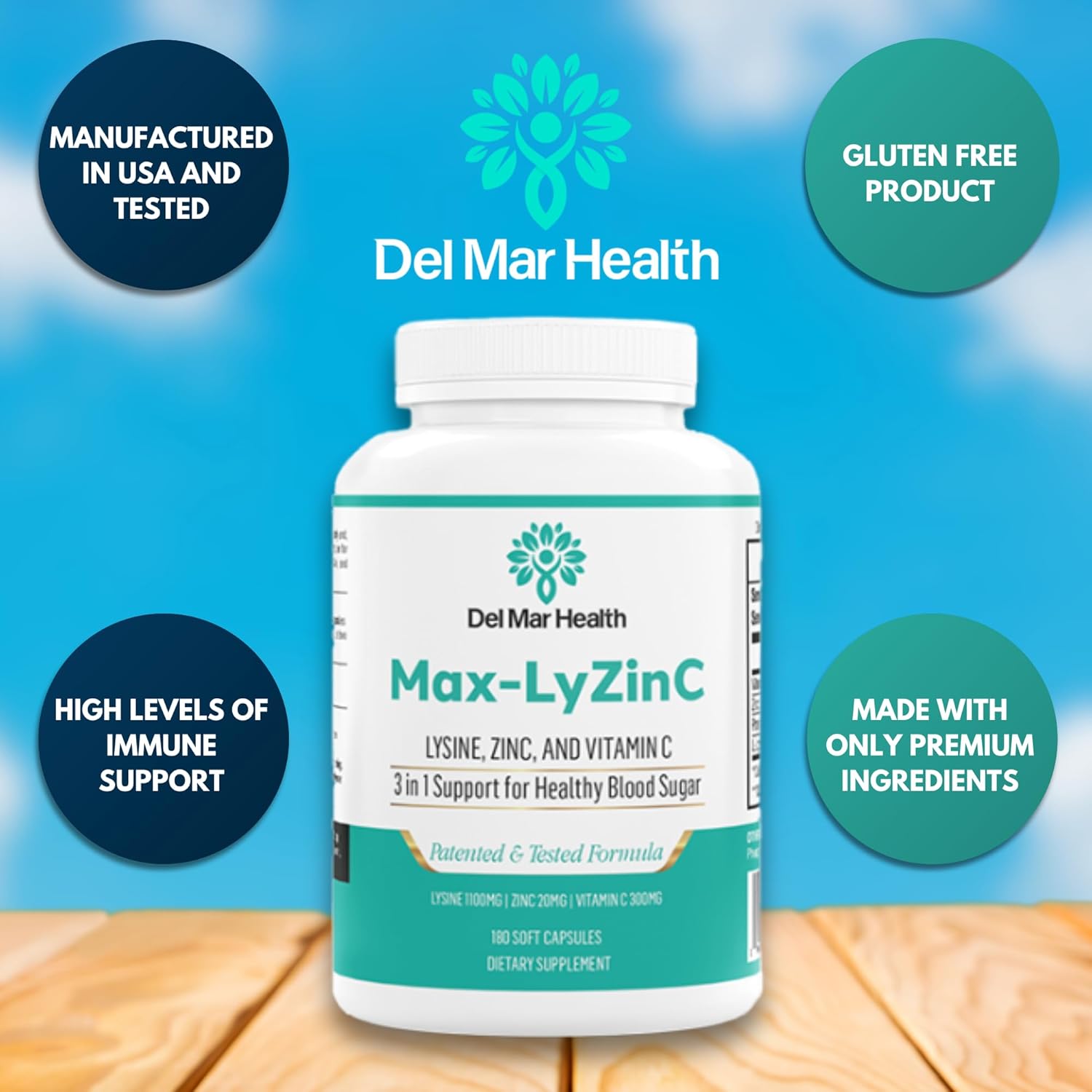 Max-LyZinC: L-Lysine 1100mg + Zinc 6 mg + Vitamin C 100 mg - 3-in-1 Supplement for Maintaining Blood Sugar Already in The Healthy Range - 180 Capsules / 30-Day Supply