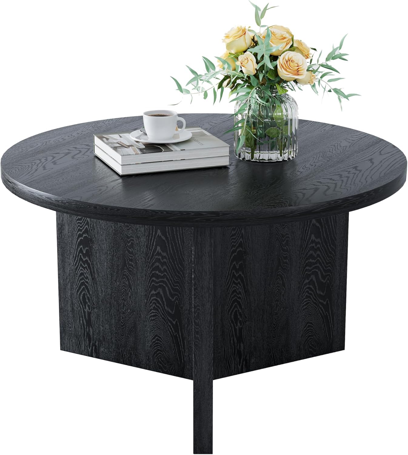Warmiehomy Round Coffee Table Modern with Triangle Support 70x70x42cm,Black