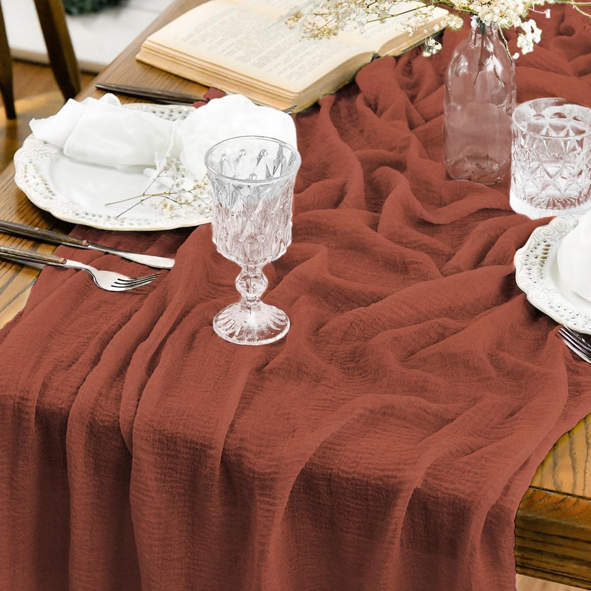 Artoid Mode Boho hemelsblauw gaas bruiloft kaasdoek 400 cm tafelloper seizoensgebonden stof keuken eetkamer vakantie tafel decor voor thuisfeest binnen
